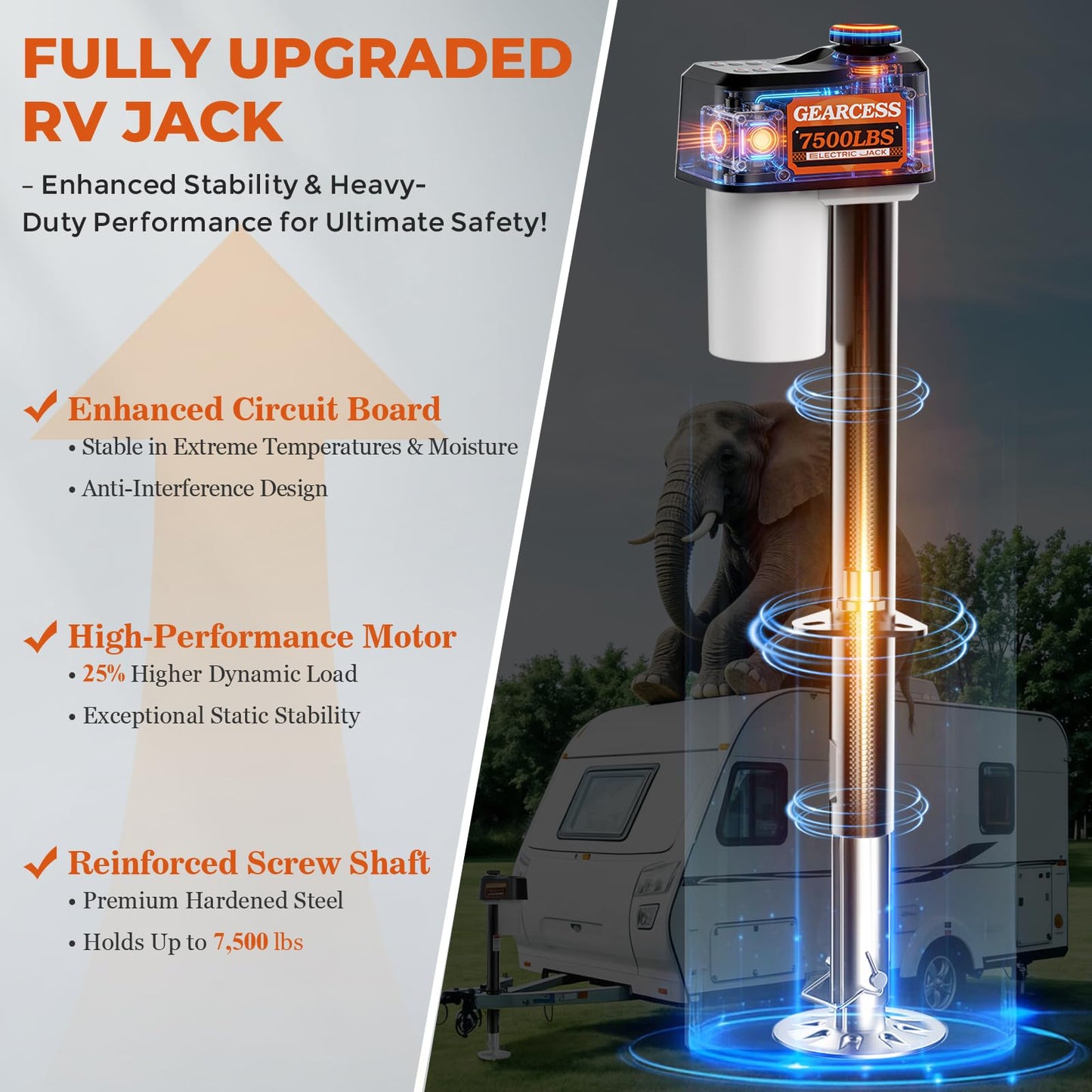 Upgraded 7500LBS Electric Trailer Jack, w/Remote Controls, RV Power A-Frame Tongue Jack with Built-in Spirit Level for Travel Trailer, 10.24"-33.46" IP65 Waterproof, 12V DC Wiring, 5.9 Inch Foot Pad