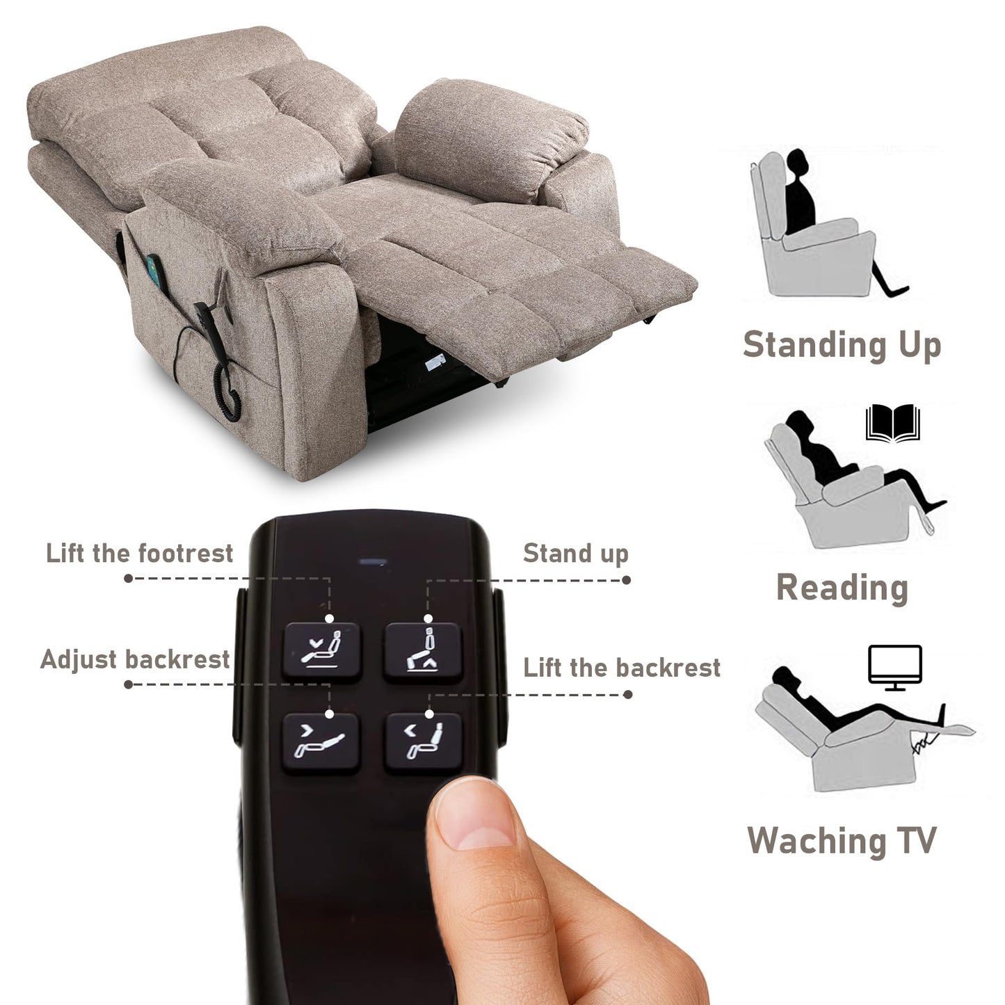 RHHVVR Oversized Lift Recliner Chair for Elderly, 26" Extra Wide Seat Power Lift Recliners with Heat and Massage, Dual Motor Electric Lay Flat Living Room Sofa with Lumbar Pillow, Light Brown