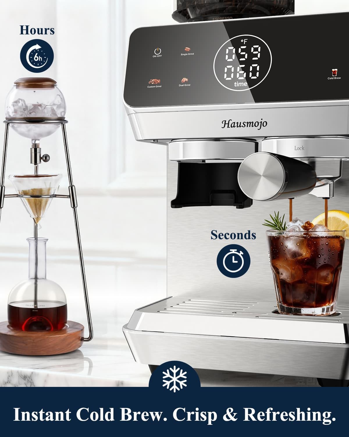 Hausmojo CM1620 Espresso Machine with Built-in Burr Grinder, 20 Bar Bean-to-Cup Espresso Maker with 44 Grind Settings & Steam Wand, Touchscreen Coffee Machine for Latte, Cappuccino