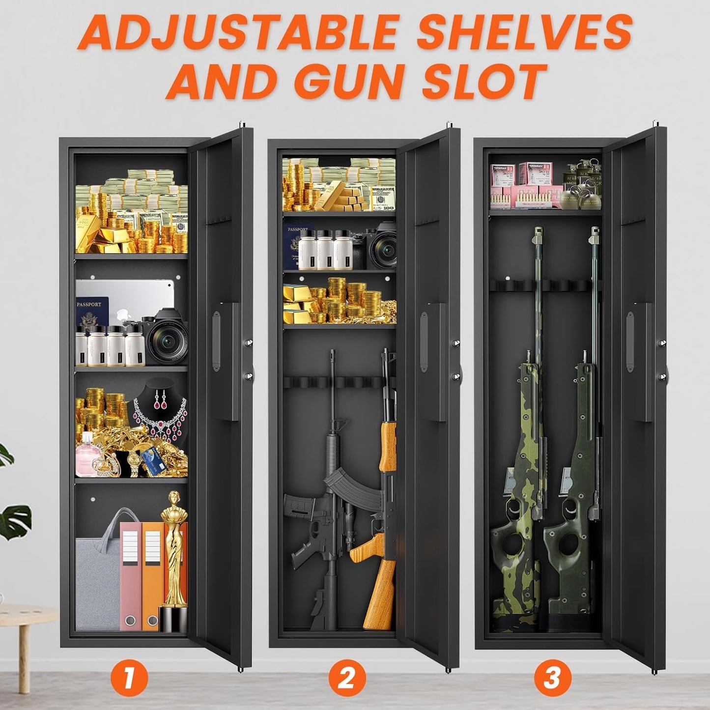 53" Tall Hidden Wall Safe with Fingerprint Lock - Fireproof & Waterproof, Dual Alarm System, 3 Adjustable Shelves, Magnetic Slot & Key Hooks - Modern Black Steel Construction