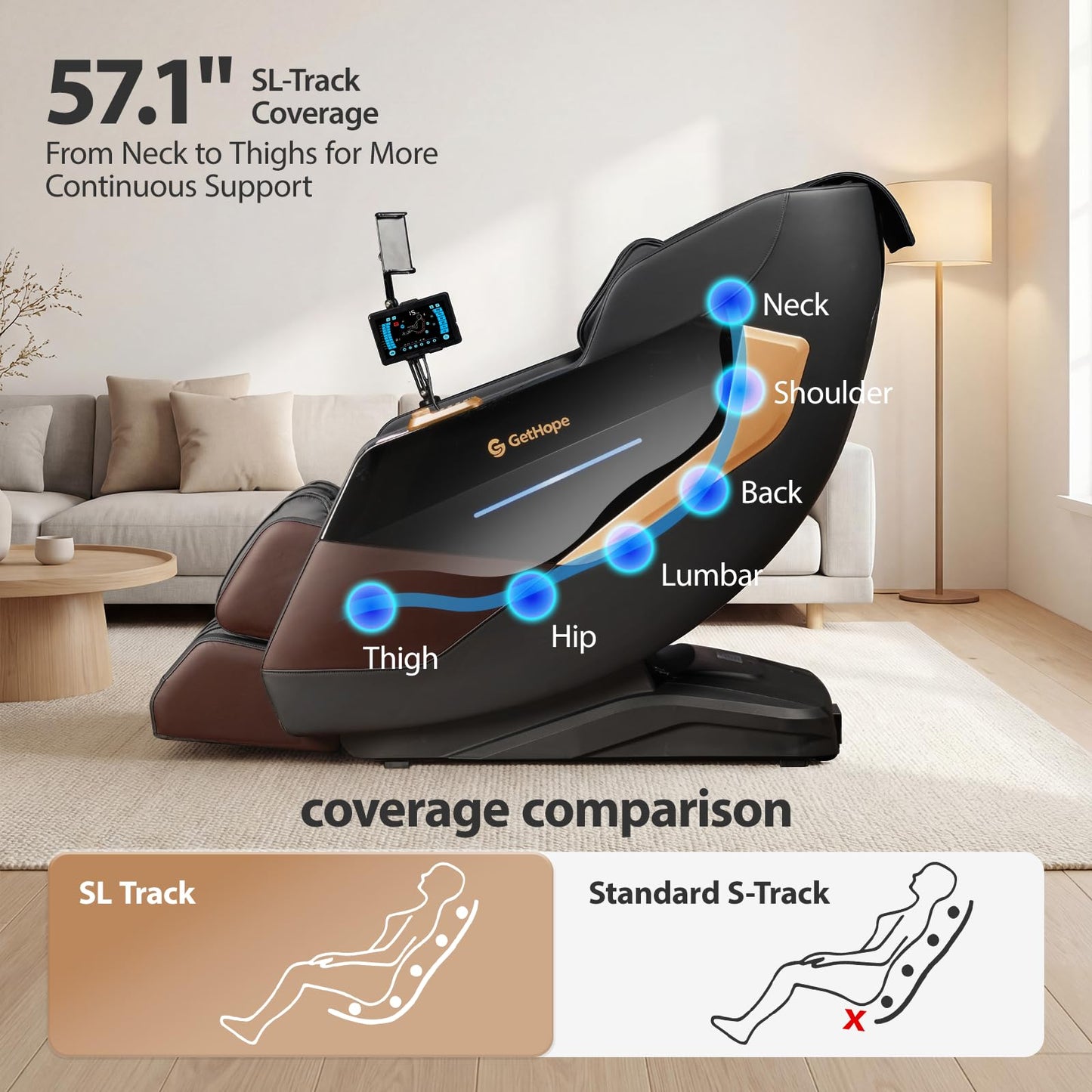 Gethope Massage Chair Full Body 4D Zero Gravity Massage Chair Recliner with 57.1" SL-Track Shiatsu Massage Lumbar Heat 40 Airbags Foot Rollers AI Voice 7" Touchscreen Bluetooth