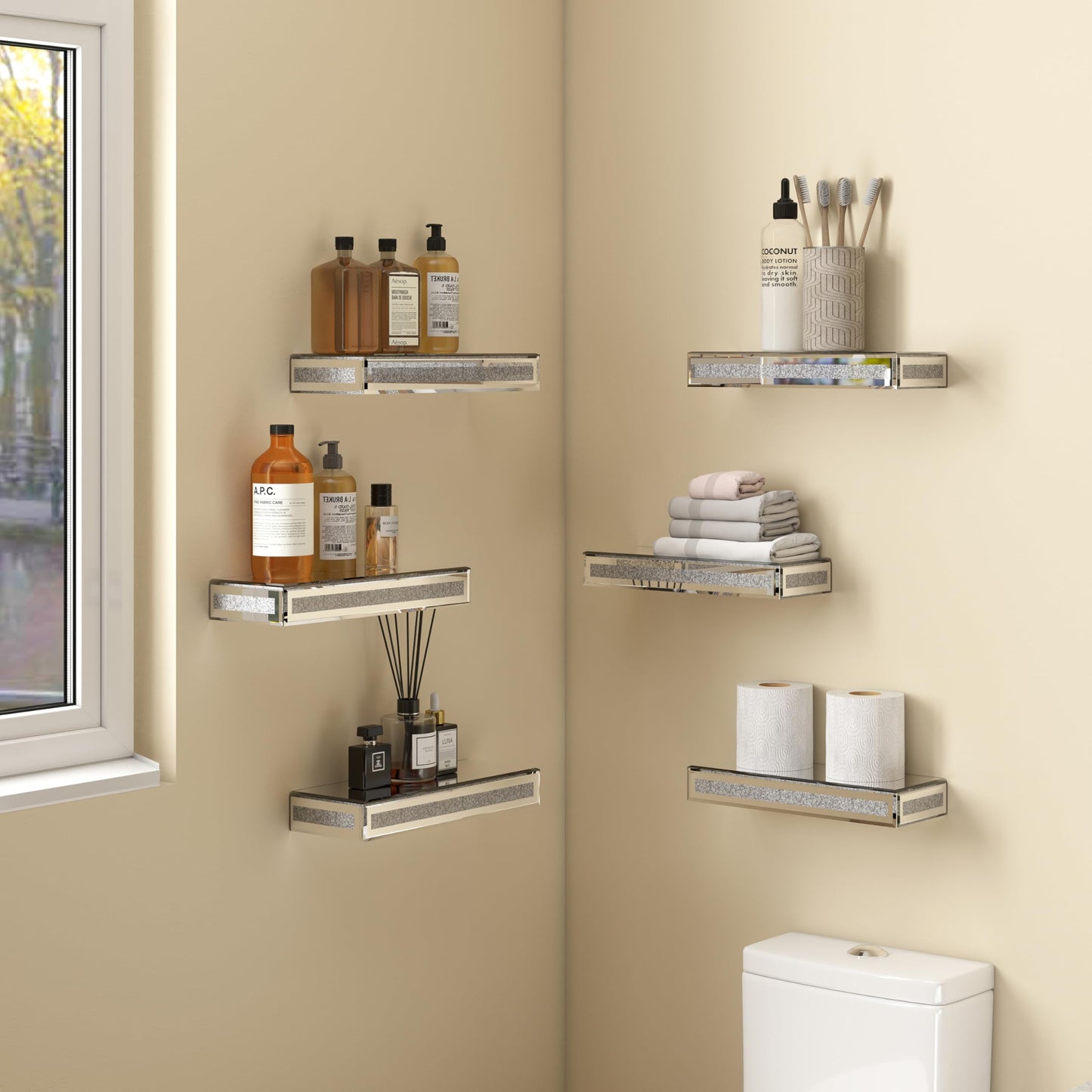 SHYFOY Mirrored Floating Shelves Set of 6, Bling Shelves for Wall Decor, Silver Glass Shelf for Bedroom, Bathroom Storage Shelves, Book Shelves for Living Room