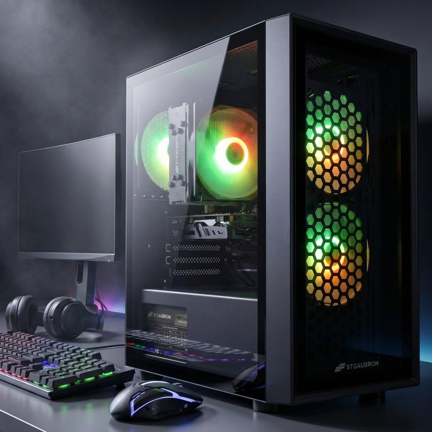 STGAubron Gaming PC Desktop Computer, Intel i7 Xeon E5, Radeon RX 550 4G, 16GB RAM, 512GB SSD, WiFi 6, BT 5.0, RGB Fan x 3, Windows 11 Home