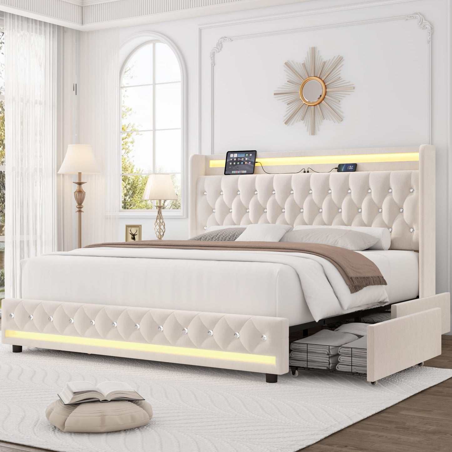 HIFIT Queen LED Bed Frame with Charging Station and 2 Storage Drawers, Velvet Upholstered Platform Bed with Handcrafted Crystal Button Wingback Headboard, Metal Frame with No Box Spring Needed, Beige