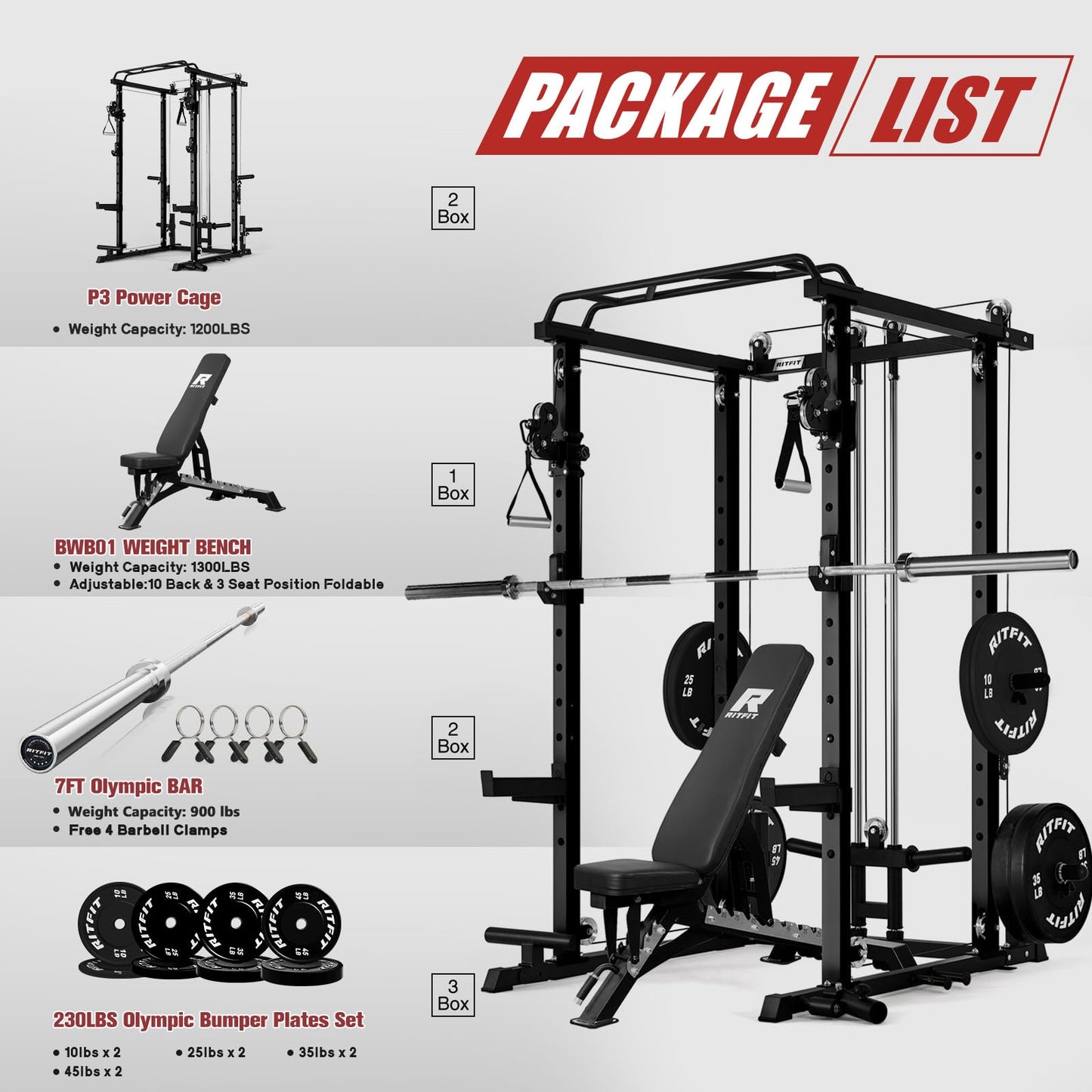 RitFit Multi-Function Garage & Home Gym Package Includes 1200LBS Power Cage PPC-P3 with Cable Crossover System, Weight Bench, Olympic Barbell Weight Set, Full Body Workout-BLK,Bumper Plate 230lbs