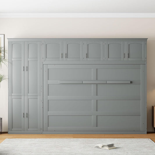 Virubi Queen Horizontal Murphy Bed Cabinet with Storage Cabinet,Wood Folding Murphy Wall Bed for Adult (Grey)