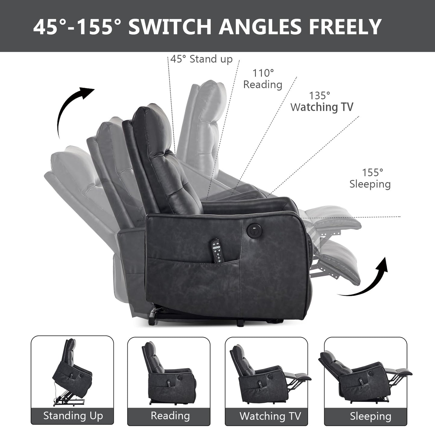 KEIKI Single Motor Power Lift Recliner Chair with Massage and Heat for Living Room, Synthetic Leather Upholstery with USB Charging Port and Side Pockets for Seniors