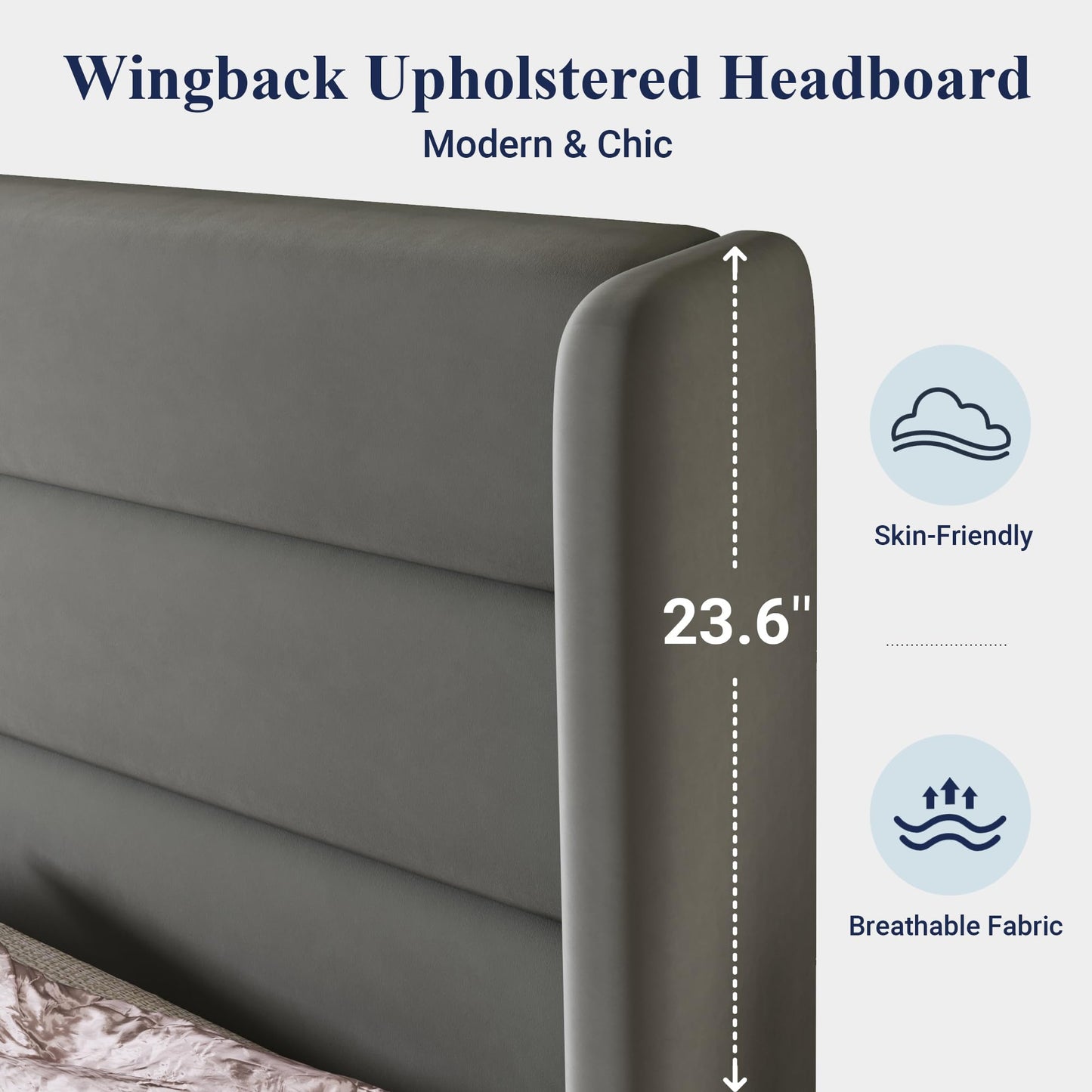 Allewie King Size Platform Bed Frame with Velvet Upholstered Wingback Headboard, No Box Spring Needed, Under Bed Storage Space, Strong Wooden Slats, Modern Mattress Foundation, Easy Assembly, Grey
