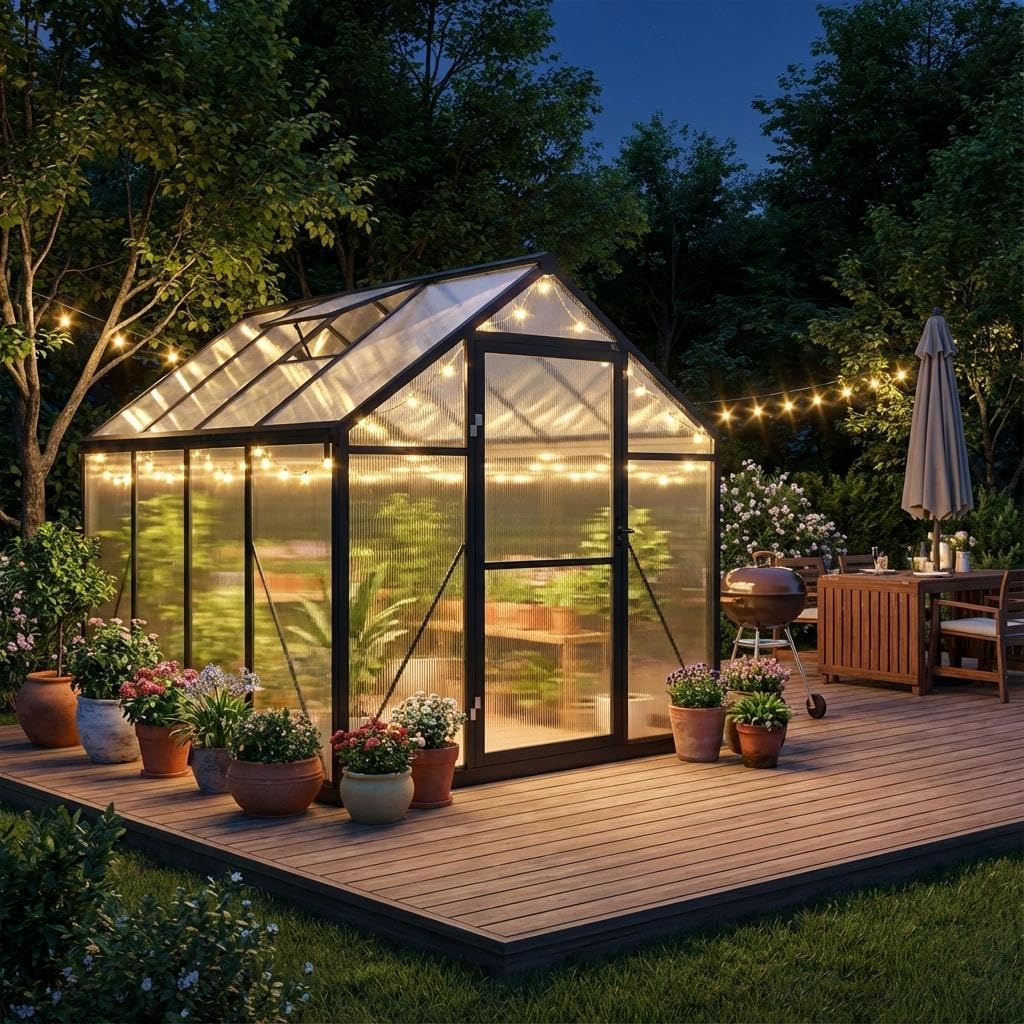 6x8ft Greenhouse Aluminum Greenhouse for Outdoors with Roof Vent, Lockable Outward-Opening Swing Door, Heavy-Duty Polycarbonate Walk-in Green House for Garden, Backyard, Patio, Lawn, Dark Grey