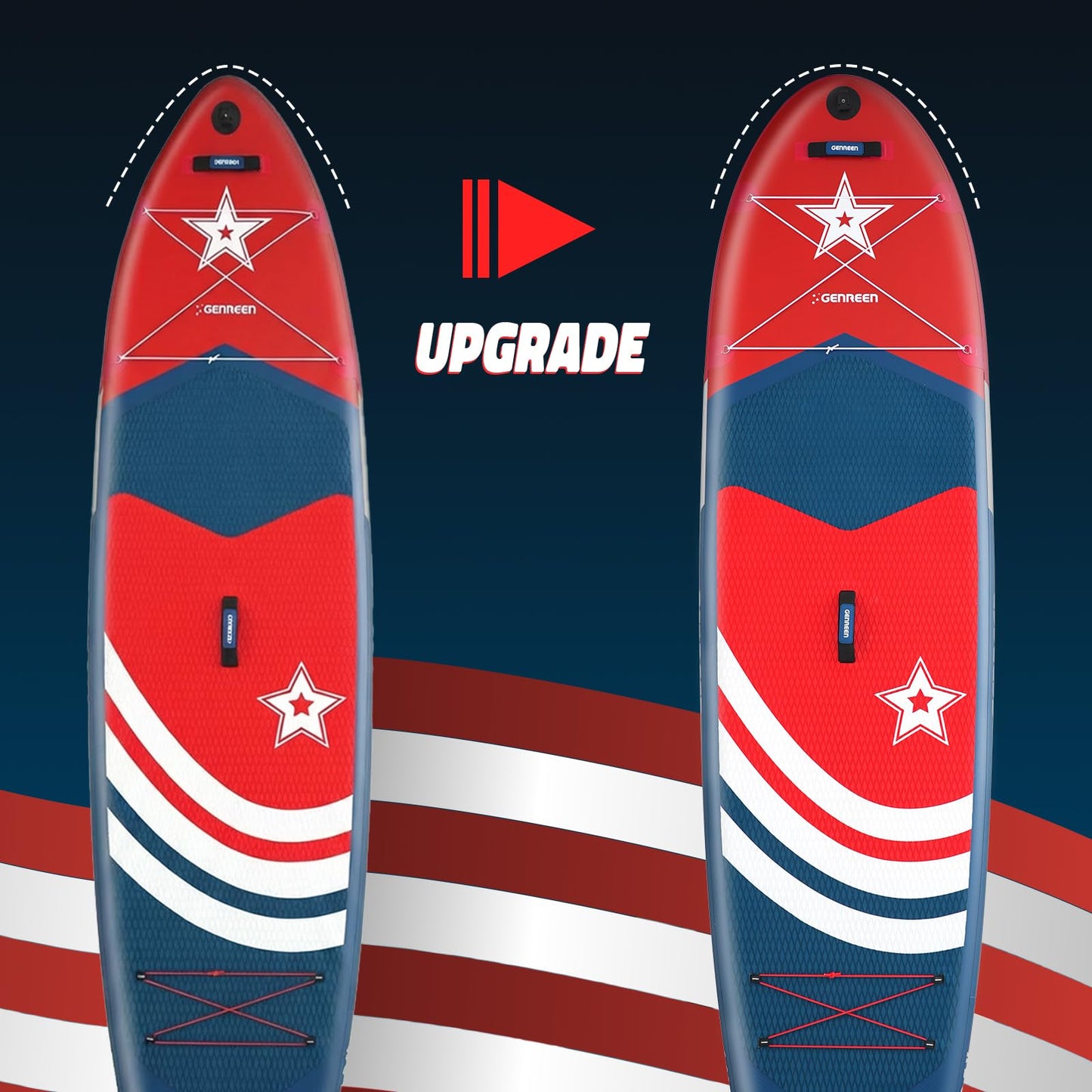 Genreen Stand up Paddle Board Inflatable 11'34'' Navy Blue Red Extremely Stable Thickened PVC 3 Fins 450LBS Capacity 3 People Tie-Downs2 Double Layer