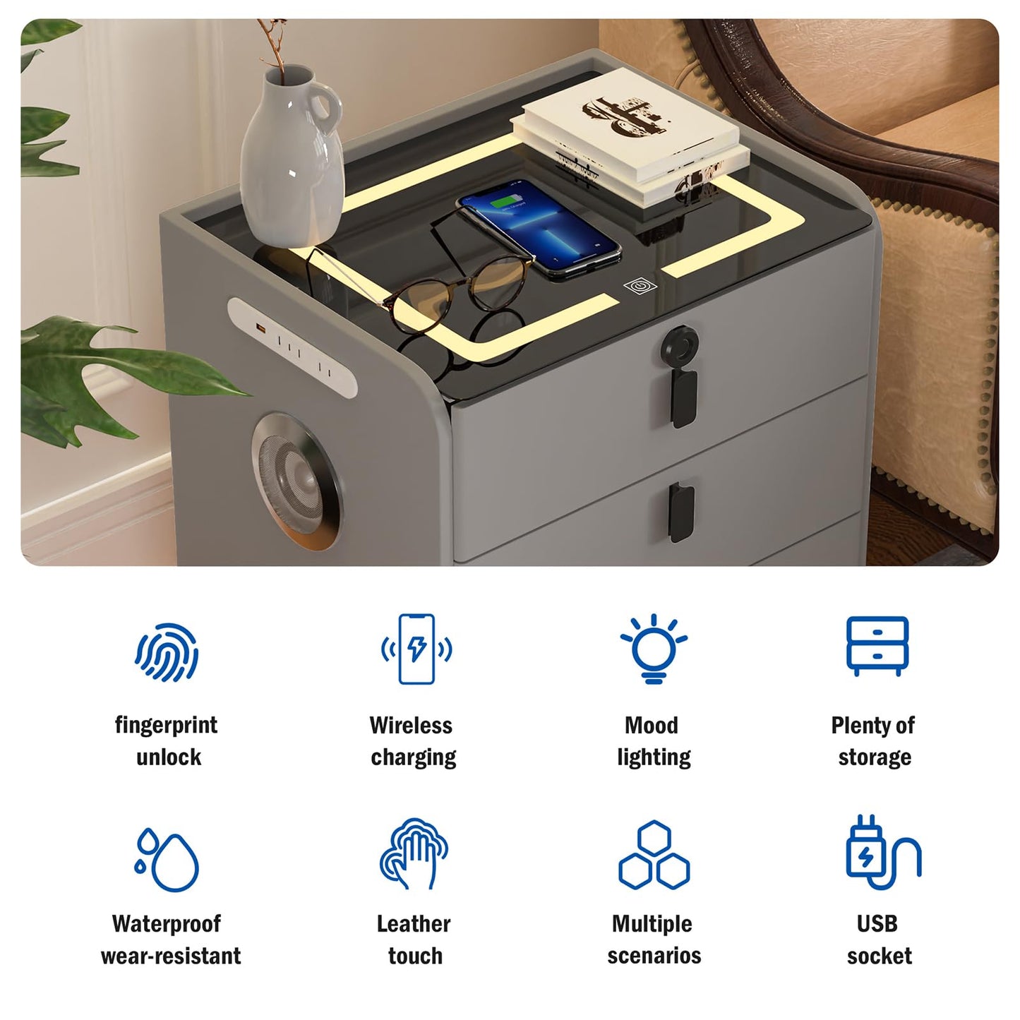QHRAY Smart Nightstand with Fingerprint Lock Drawer, Nightstand with Wireless Charging, Night Stand with Charging Station,2 USB, LED Lights Bluetooth Speaker Side Table for Bedroom/Living Room