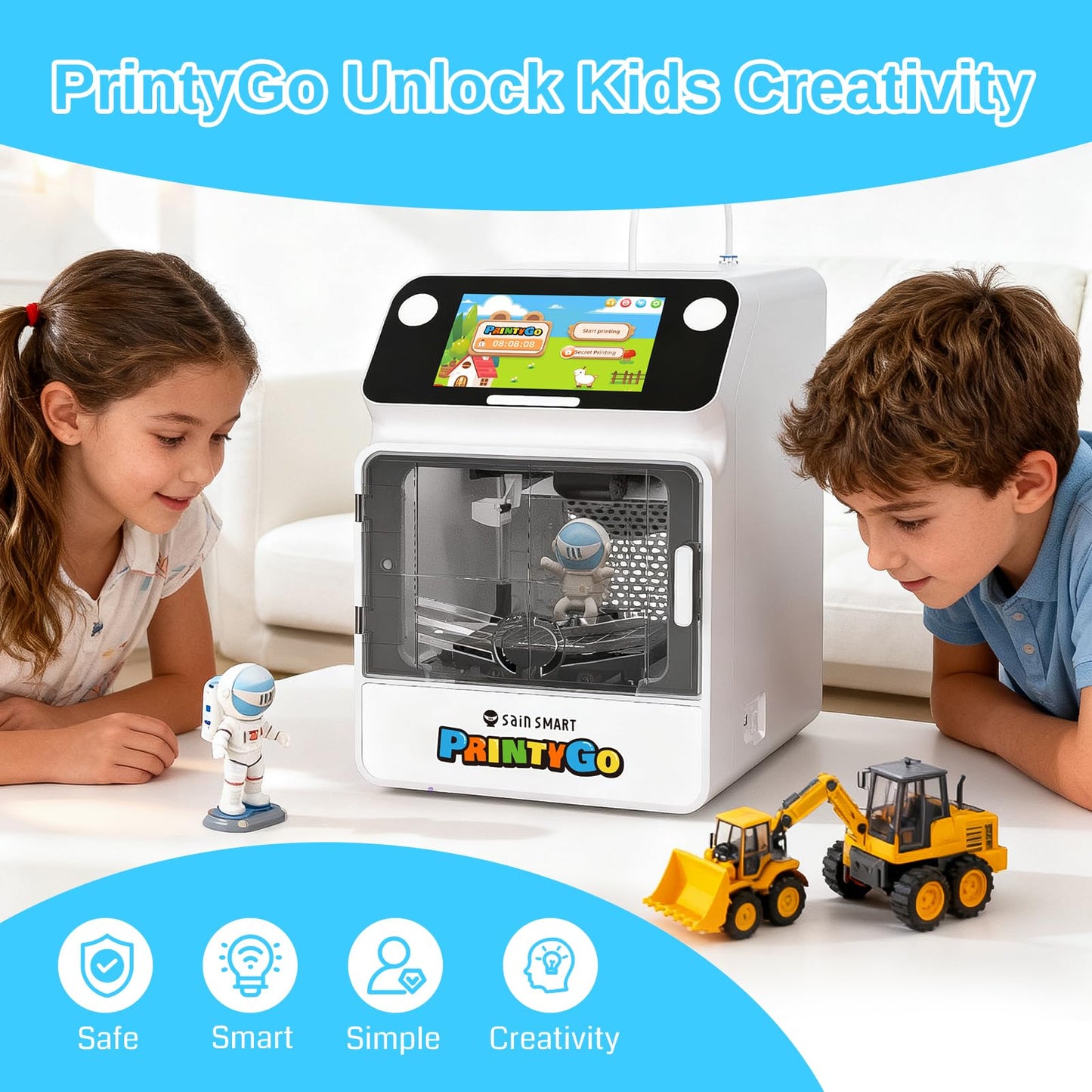 SainSmart PrintyGo 3D Printer for Kids, 600mm/s Auto Leveling Printer for Beginners with 5" Touch Screen, 1500+ Models, Child-Safe Design, Wi-Fi/App Control, Pre-Assembled for STEM Learning Gift
