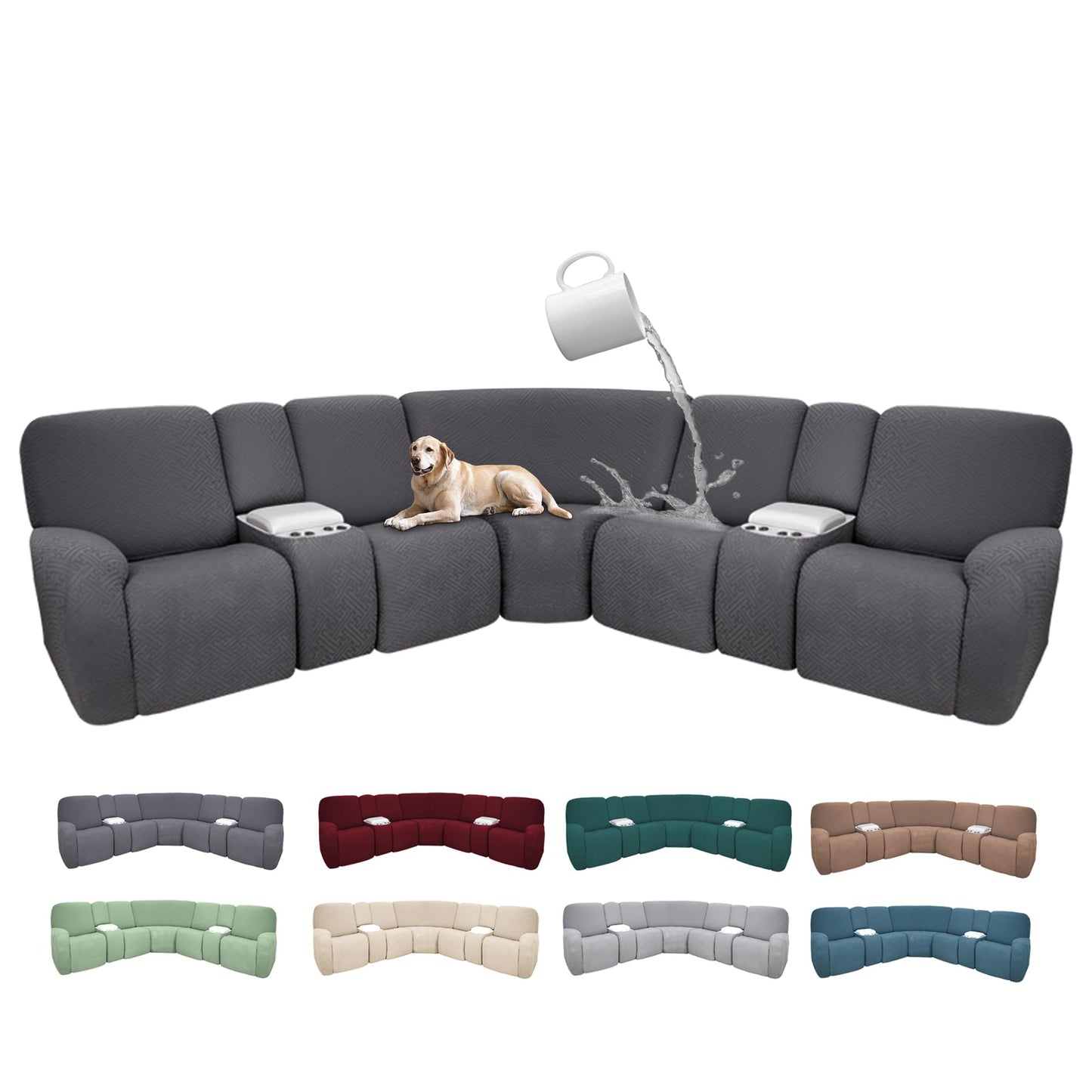 ROFASVCO 100% Waterproof Sectional Recliner Couch Covers for Reclining Couch L Shaped Corner Sectional Sofa Cover Jacquard Stretch L Shape Recliner Slipcovers (5 Seater 2 Console Cover, Deep Grey)
