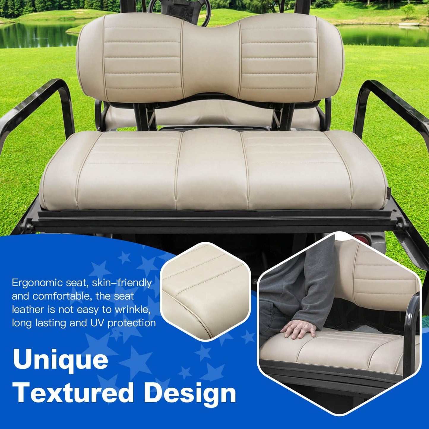 NOKINS Golf Cart Premium Seat Cushion Kit,Seat Back & Seat Bottom Cushion Assembly (light Beige, Fits Aftermarket Standard Rear Seat)