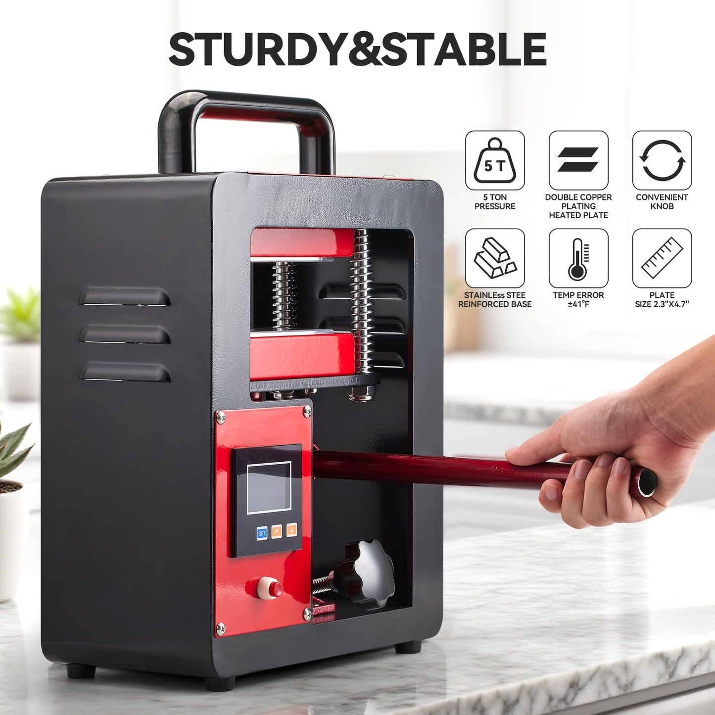 D9A91 5 Ton Portable Hydraulic Heat Press Machine 2.3 x 4.7 Inch Dual Heating Plate, red/black