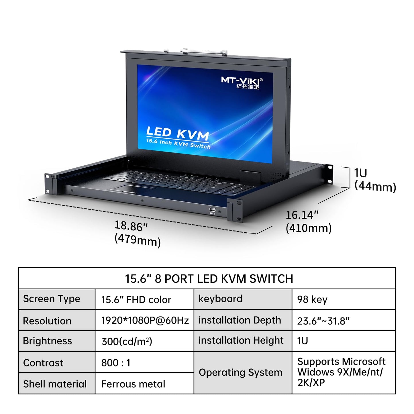 MT-VIKI Rack Mount KVM Console w/15.6" LCD Monitor, 8 Port HDMI KVM Switch, 1920x1080@60Hz 1U Integrated Monitor Keyboard, Fits 18.9" to 31.5" Deep Racks (480-800mm), Included 8 Cables