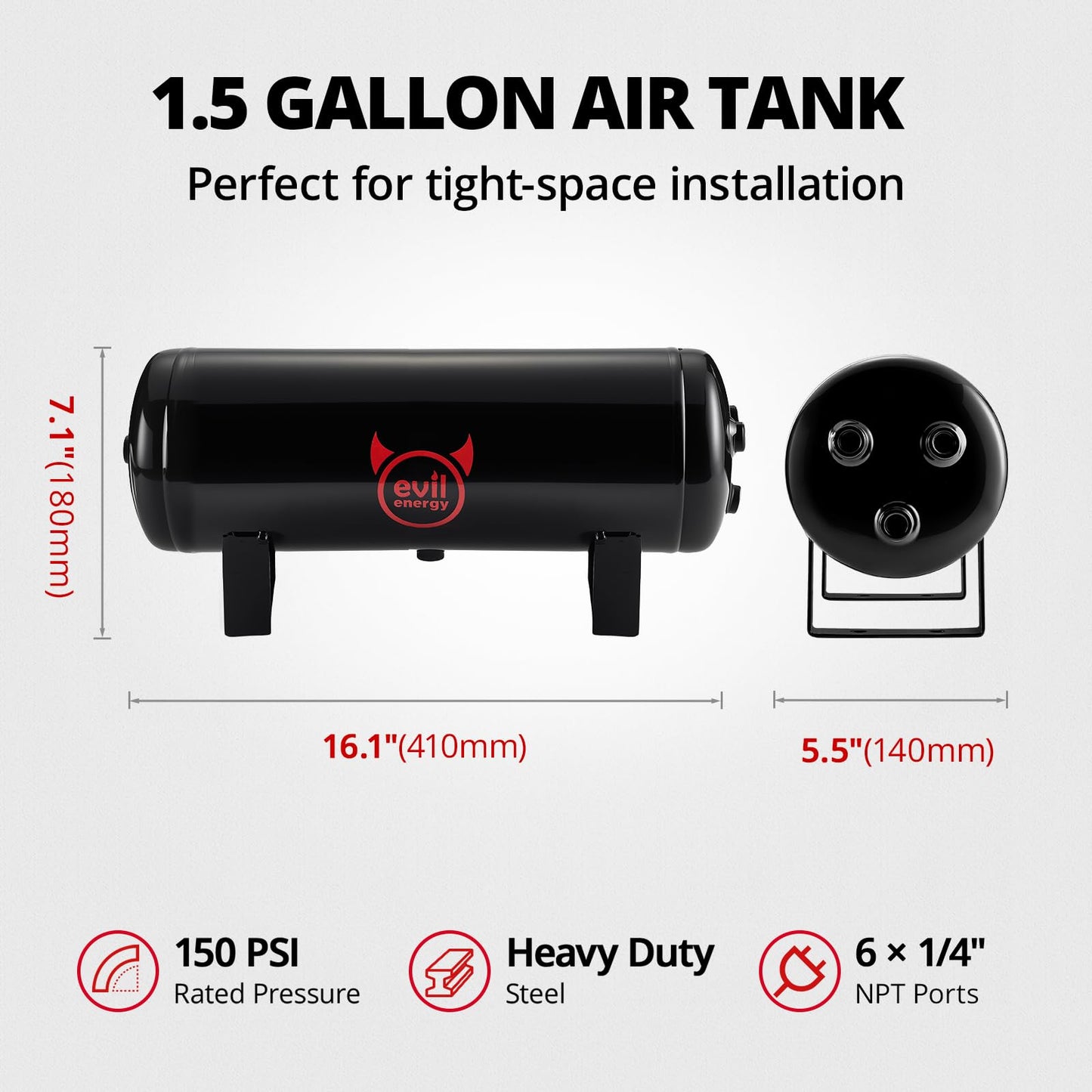 EVIL ENERGY 1.5 Gallon Air Compressor and Tank Kit 6 Ports 1/4" NPT 150 PSI Rated 12V Air Tank Compressor for Truck, Air Horn, Inflating Tires, Suspension Systems, Train Horn, DIY Pneumatic Tools