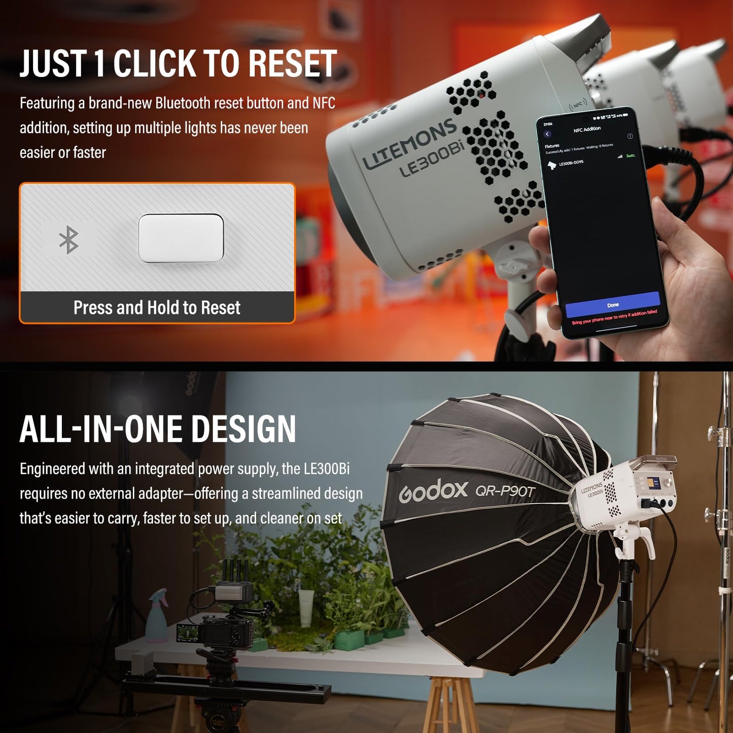 GODOX LE300Bi Light Kit, Godox Litemons LE300Bi Video Light with Softbox Light Stand, Bowens Mount, DMX/Bluetooth APP Control, NFC Connection, 2800K~6500K, 58900Lux@1m, CRI/TLCI98, 11 Fx Effects
