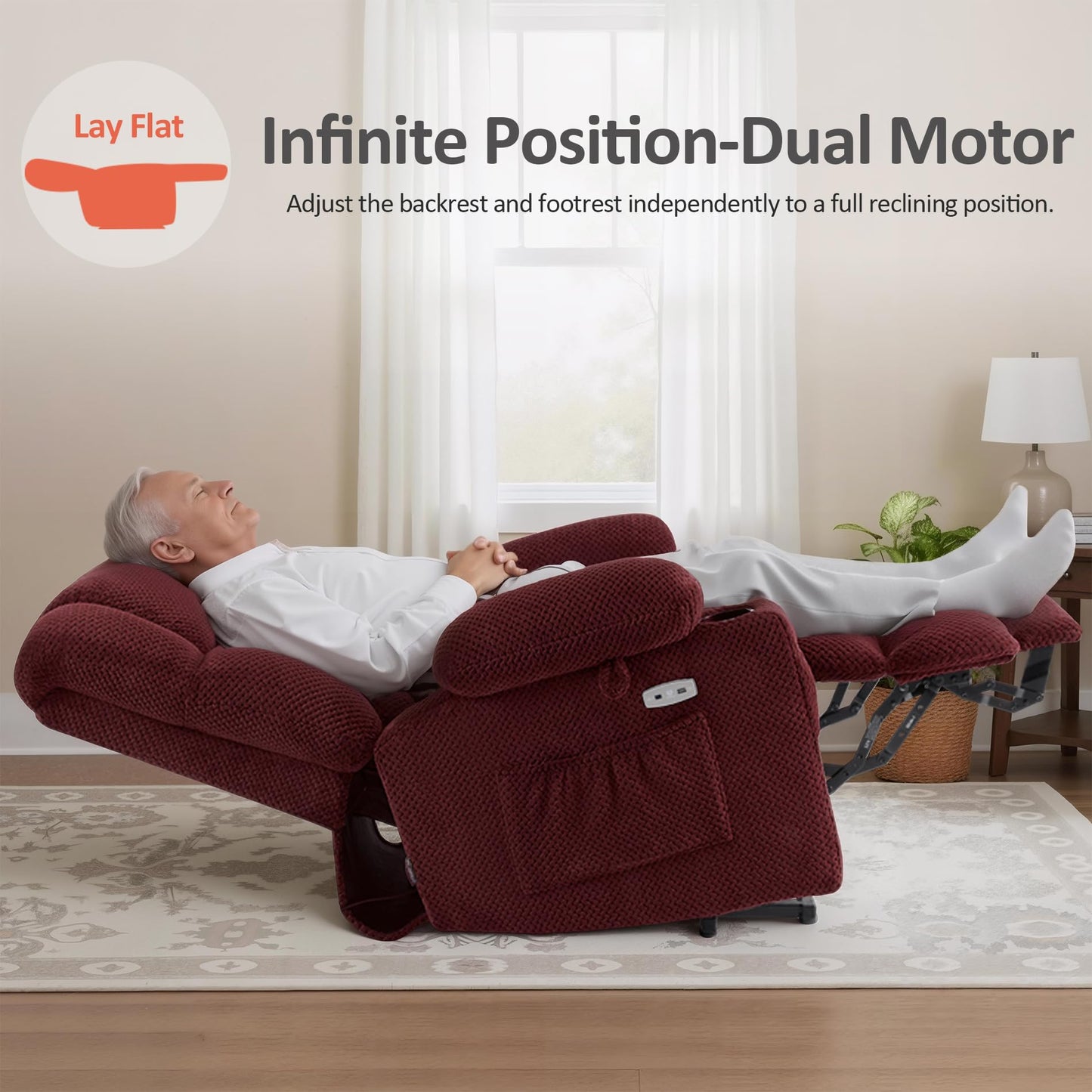 MCombo Dual Motor Power Lift Recliner Chair with Massage and Heat for Elderly People, Infinite Position, USB Ports, Cup Holders, Fabric 7890 (Medium, Burgundy)