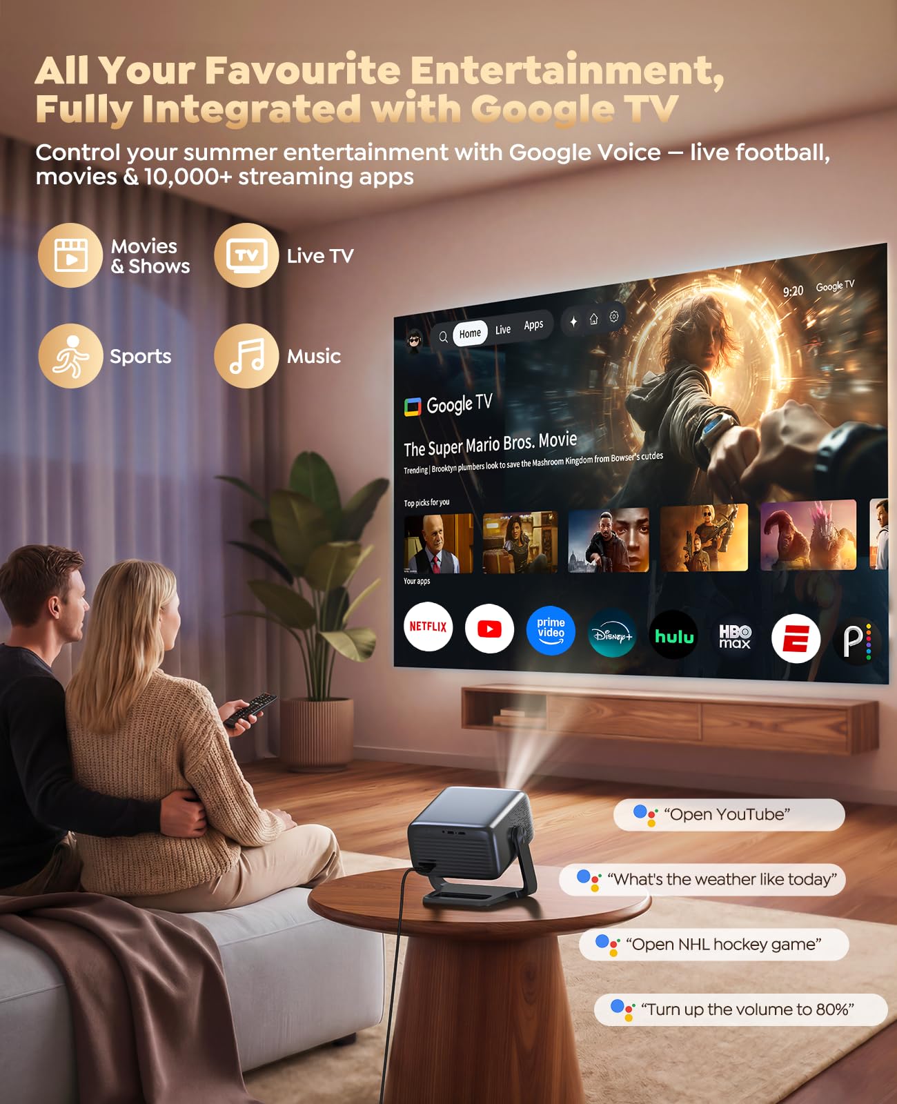 Smart 4K Projector [Google TV Stick Built-in & 360° Stand] with WiFi 6, Bluetooth 5.3, HDR10, 30W Hi-Fi, AI Auto Focus, Outdoor Portable Short Throw Movie Projector for Home Theater Bedroom Ceiling