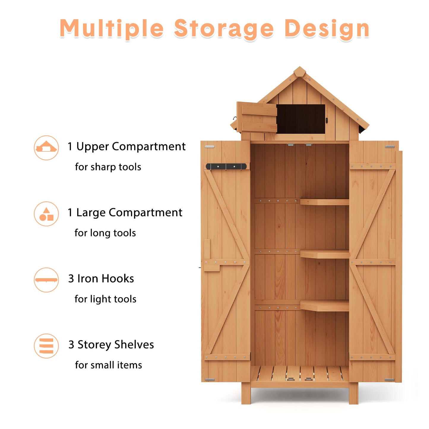 70in Tall Outdoor Storage Shed, Waterproof Wooden Garden Tool Shed with 4 Shelves and Lockable Doors, Vertical Outdoor Storage Cabinet for Patio Yard Lawn