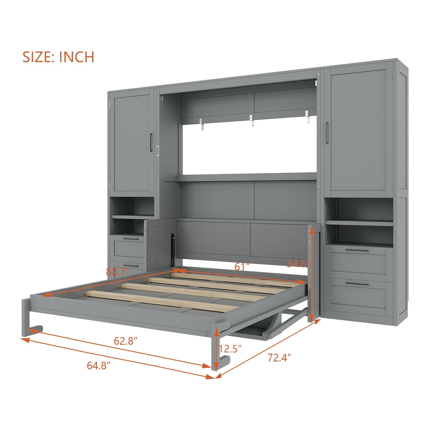 Merax Queen Size Murphy Bed with Desk, Multifunctional Foldable Wall Bed with Closet, Drawers and Shelves, Space-Saving Wood Platform Bed Frame for Small Spaces Studio Study Office Guest Room, Gray