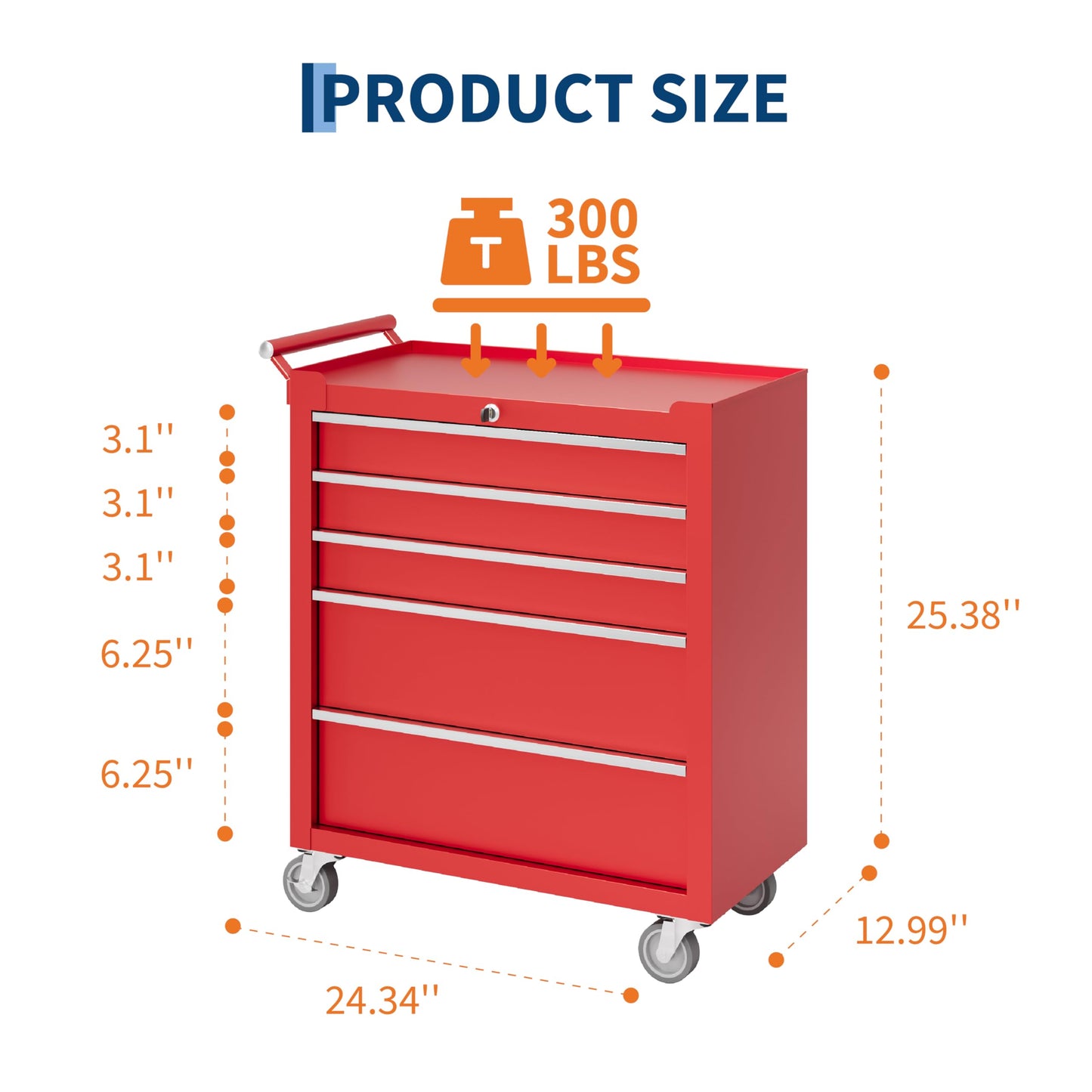 Rolling Tool Chest with Wheels, 5 Drawer Tool Storage Cabinet, Portable Toolbox Organizer with Lock, Heavy Duty Tool Chest Cart for Garage, Mechanic, Workshop, Shop, Mobile Tool Organizer, Red