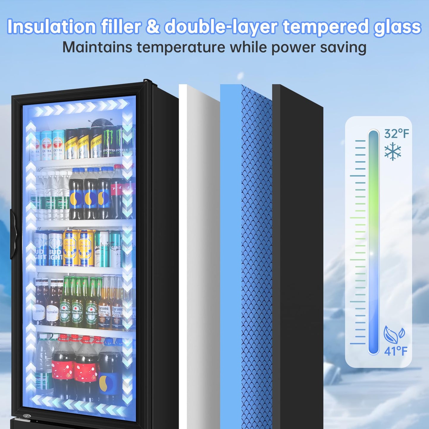 Velieta Commercial Beverage Refrigerator, 24.5 Inch 15 Cu. Ft. Drink Fridge, Display Refrigerator with Glass Door, Commercial Display Fridge with 4 Adjustable Shelves, for Shops, Restaurants, Bars