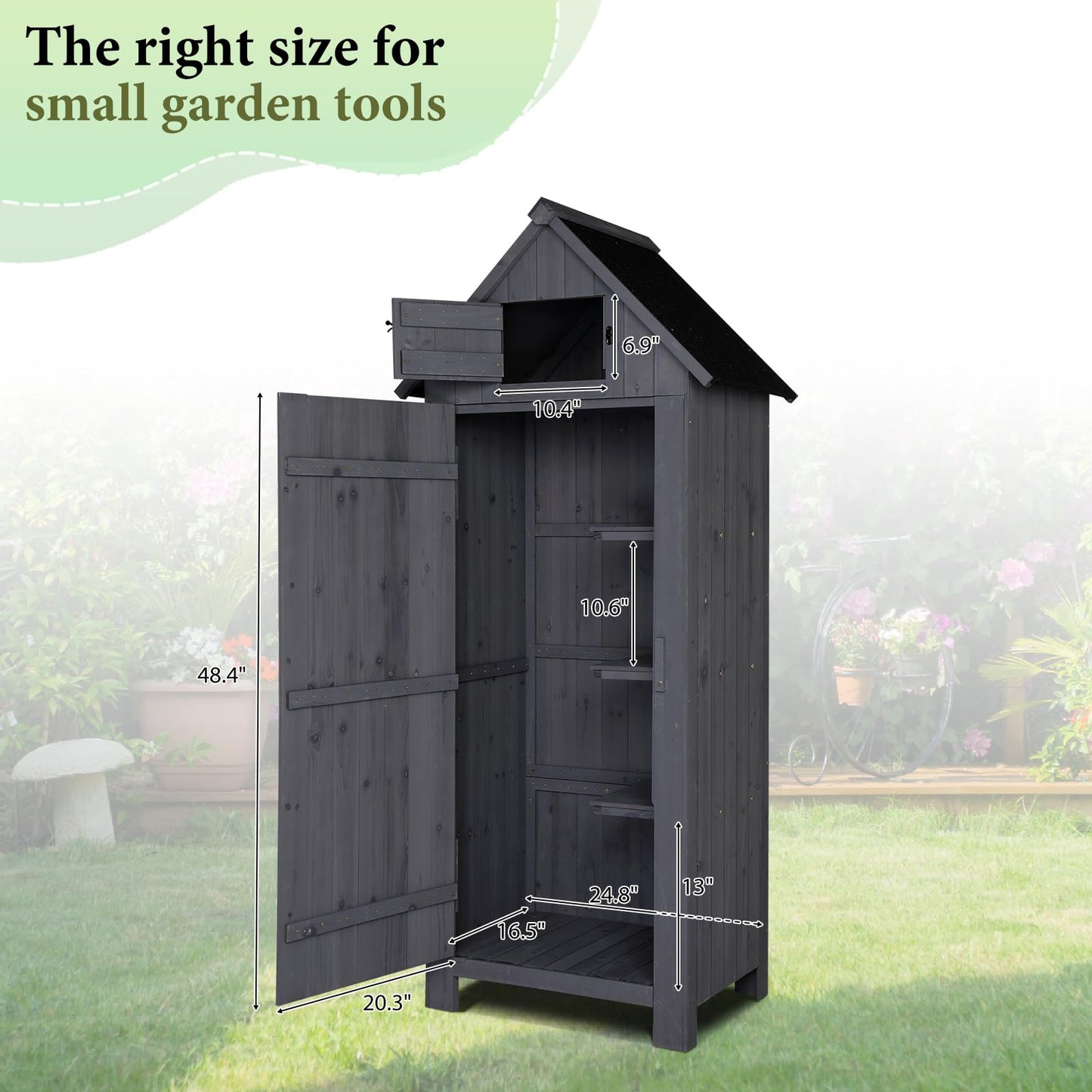 VINGLI Outdoor Wooden Storage Shed, Garden Shed Outside Tool Cabinet with Safety Latch, Patio Storage Organizer (Dark Grey)
