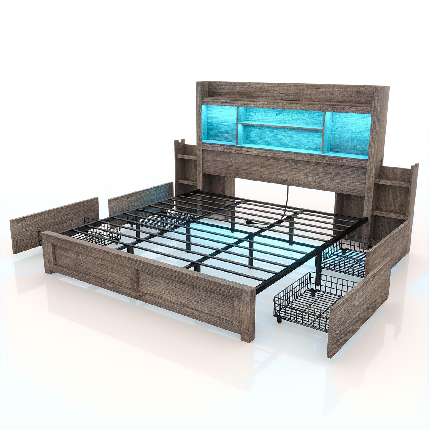 LUXOAK King Bed Frame with 49.6" Bookcase Headboard & 2 Bedside Stoage Racks & 4 Drawers, Farmhouse Wood Bed Frame with RGB LED & Charging Station, No Box Spring Needed, Grey