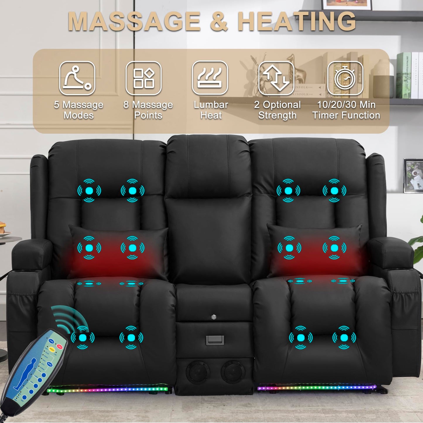 URRED Power Loveseat Recliner Sofa with Massage and Heat, Wall Hugger Reclining Loveseat with Console, RV Couch Home Theater Seating with LED Lights for Living Room (Black, 67" - 2 Seats)