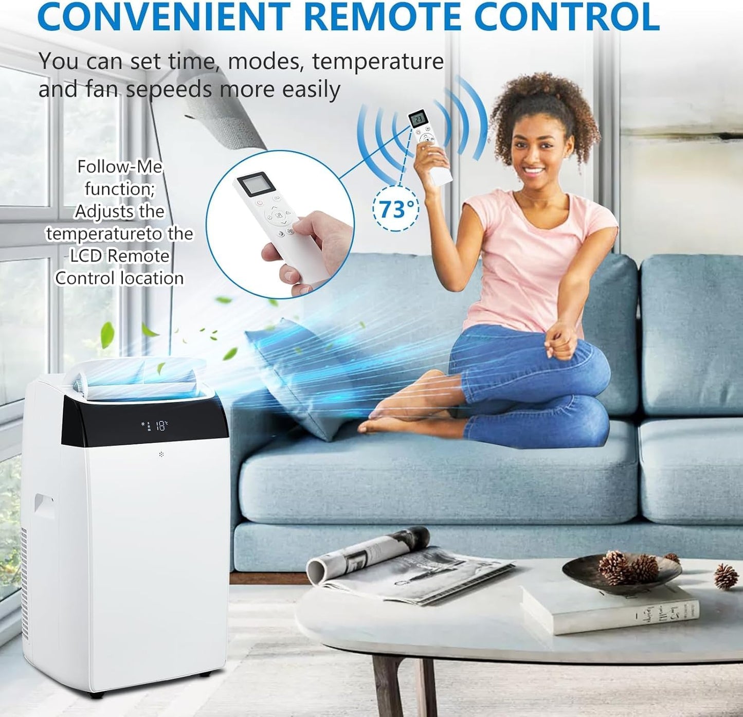 14,000 BTUPortable AC，3-in-1 Cooling/Dehumidifier/Circulation System for 750 Sq.Ft，51dB Ultra-Quiet with 3-Speed, Auto Oscillation & 24H Smart Scheduler for Bedroom, Office & Commercial Spaces