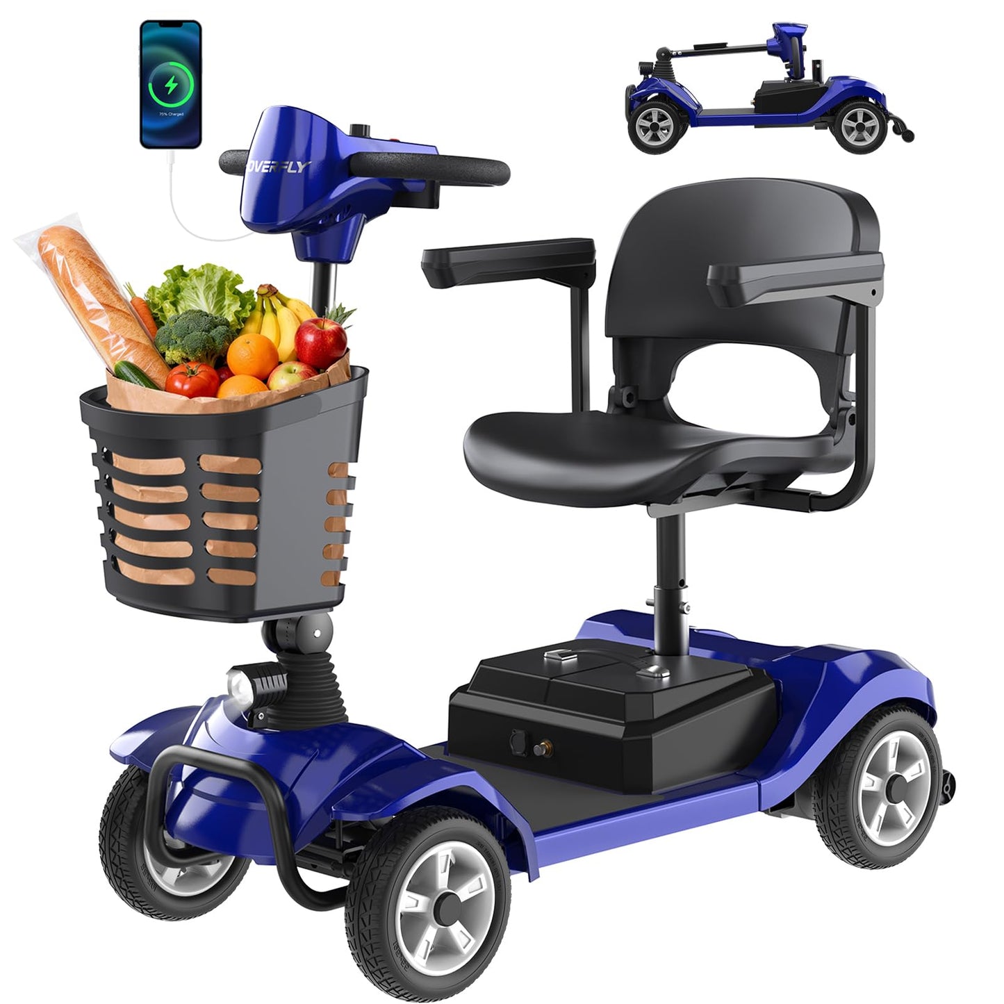 Hoverfly T4 Mobility Scooter for Seniors, Max 12.4-Mile Range & 3.7 mph, 3-Position Seat & Anti-slip Rear Wheel, Removed Battery&Quick Fold Design, Solid 9" Tire&330 lb Capacity, Ease of Assembly Blue