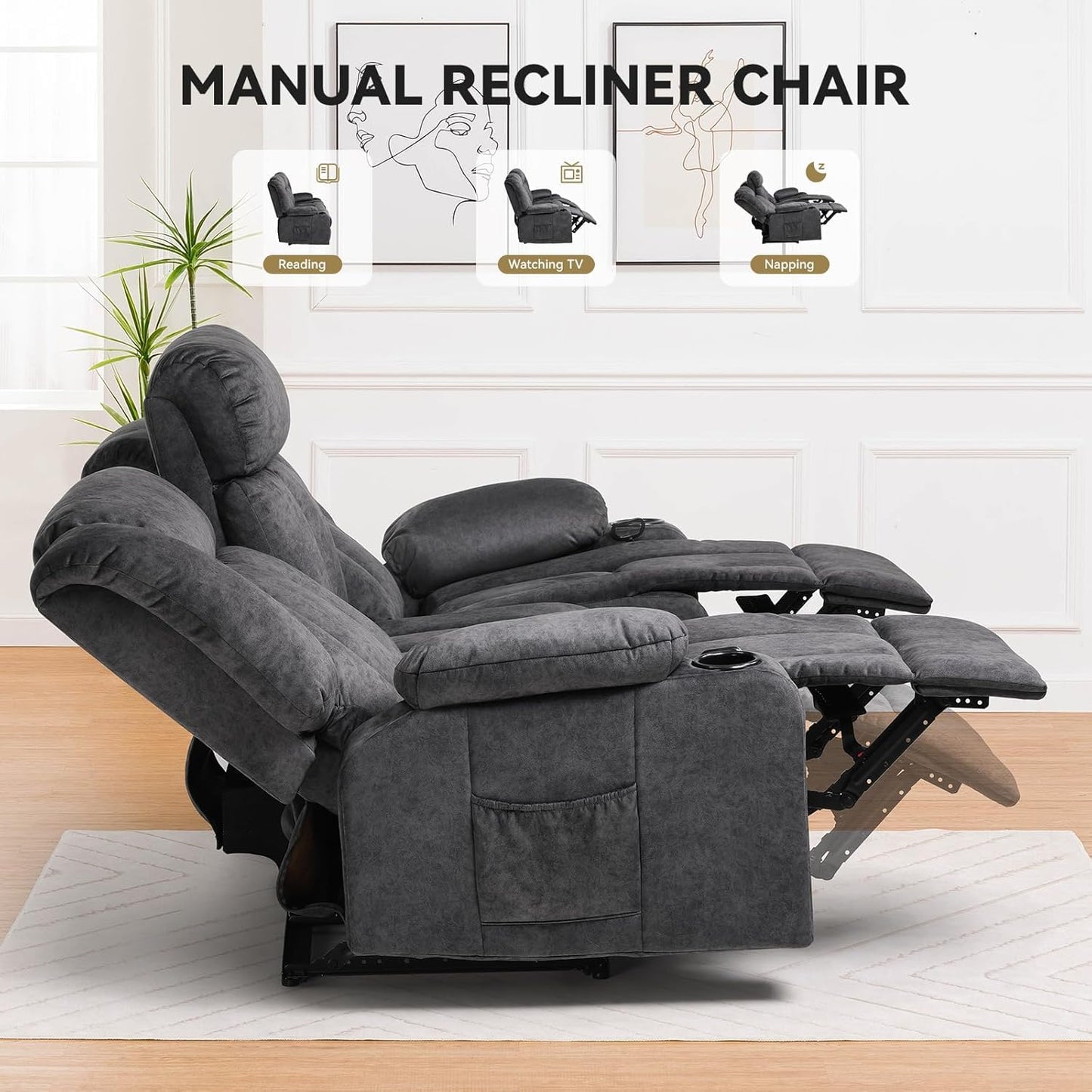 COMHOMA Manual Recliner Chair Set，Fabric Reclining Sofa Chair with Cup Holders, Upholstered Recliner with Side Pockets Suitable for Living Room Furniture (3)