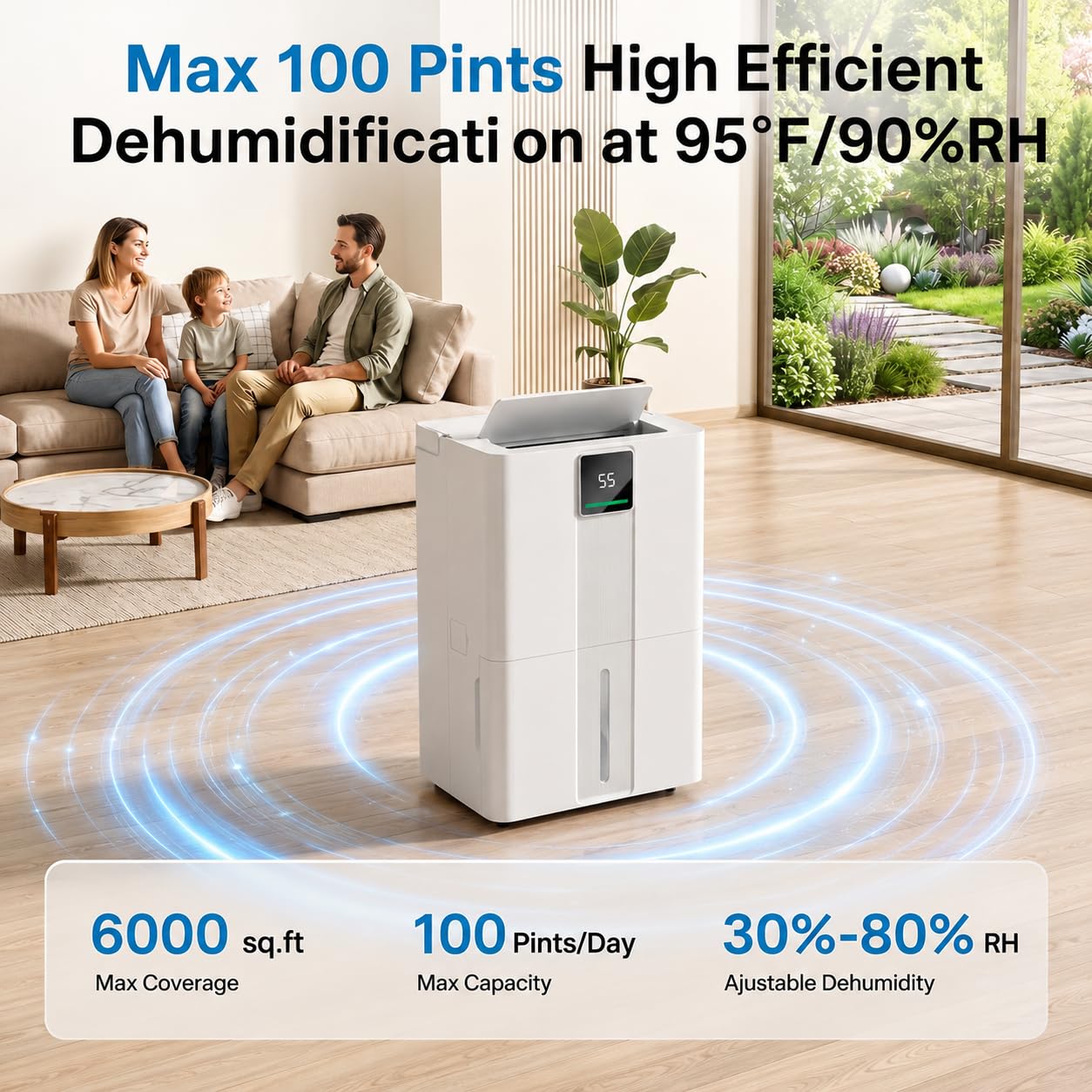 Uthfy 6000sq.ft Large Dehumidifier for Basement, Max 100 Pints Dehumidifiers with Drain Hose, 5.5L Detachable Water Tank, 2 LED & 3 Colors Display, Child Lock, Wheels&Handle for Whose House, Bedroom