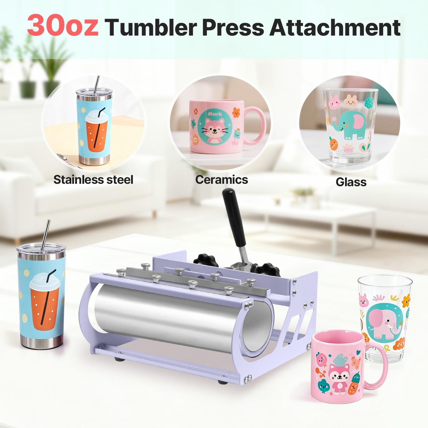 Slendor Heat Press 15x15 Inch 5 in 1 Heat Press Machine with 30OZ Tumbler 360-Degree Swing Away Digital Multifunction Heat Transfer Sublimation Combo for T Shirts Mugs Hat Plate Cap, Lavender