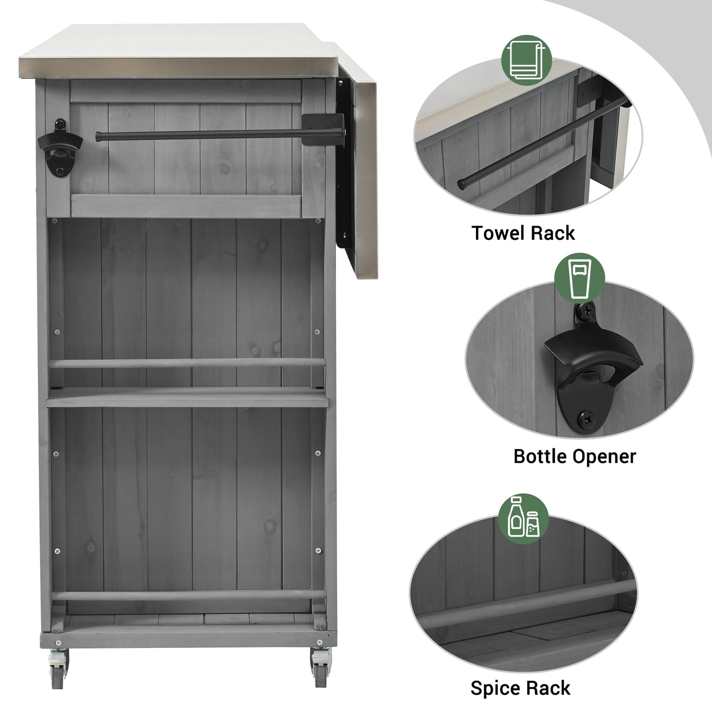 52.25" W Outdoor Grill Cart with Stainless Steel Tabletop, Patio Kitchen Island Storage Cabinet for BBQ, Bar