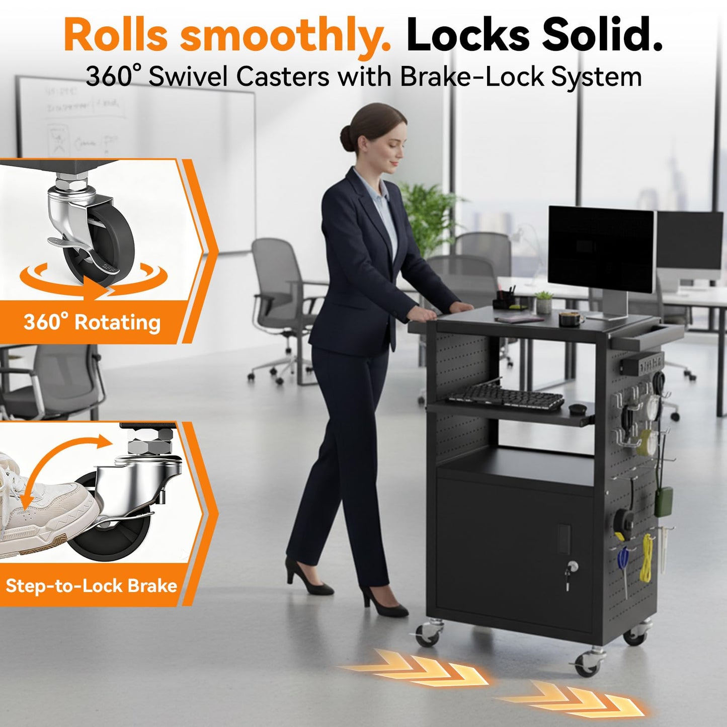 Jasdego Mobile AV Cart - Heavy Duty Computer Cart with Cabinet, Rolling Media Cart with 4 Outlets & Pullout Keyboard Tray, Lock Brake Wheels Mobile Computer Workstation, Customized Pegboard & Hooks