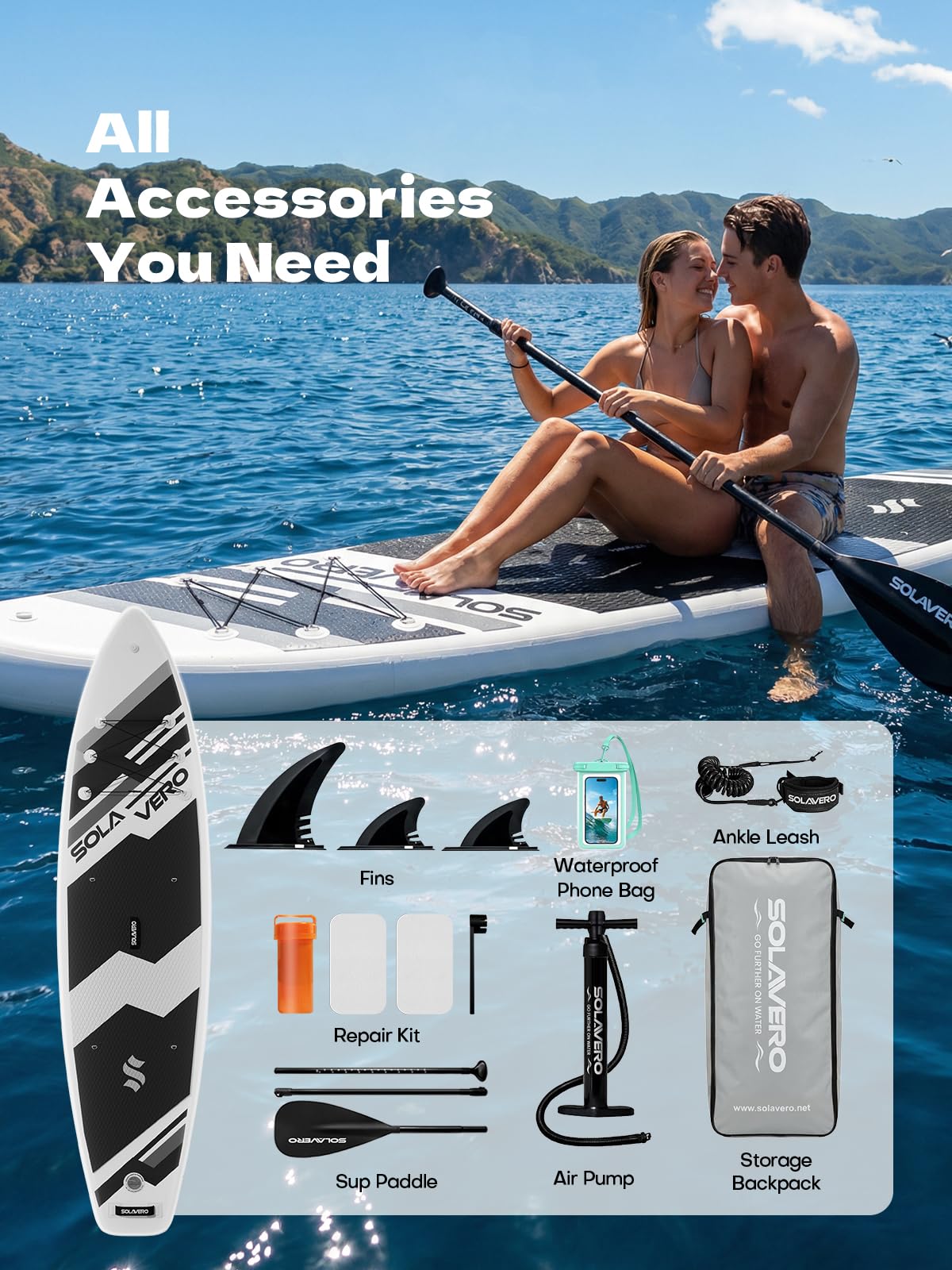 SOLAVERO Inflatable Stand Up Paddle Board, 11' SUP for Adults, Non-Slip Deck for Fishing, Portable Blow Up Paddleboard with Accessories for Beginner, All Skill Levels