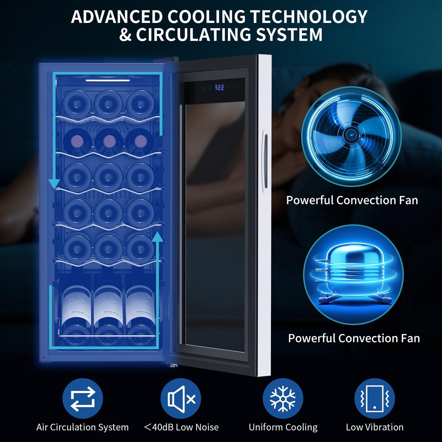 Tecnolove 18 Bottle Wine Cooler, 38-65°F Digital Temperature Control, 1.7 Cu.Ft Compact Wine Fridge, Freestanding Stainless Steel Glass Door with LED Light, Quiet Compressor for Red White Wine