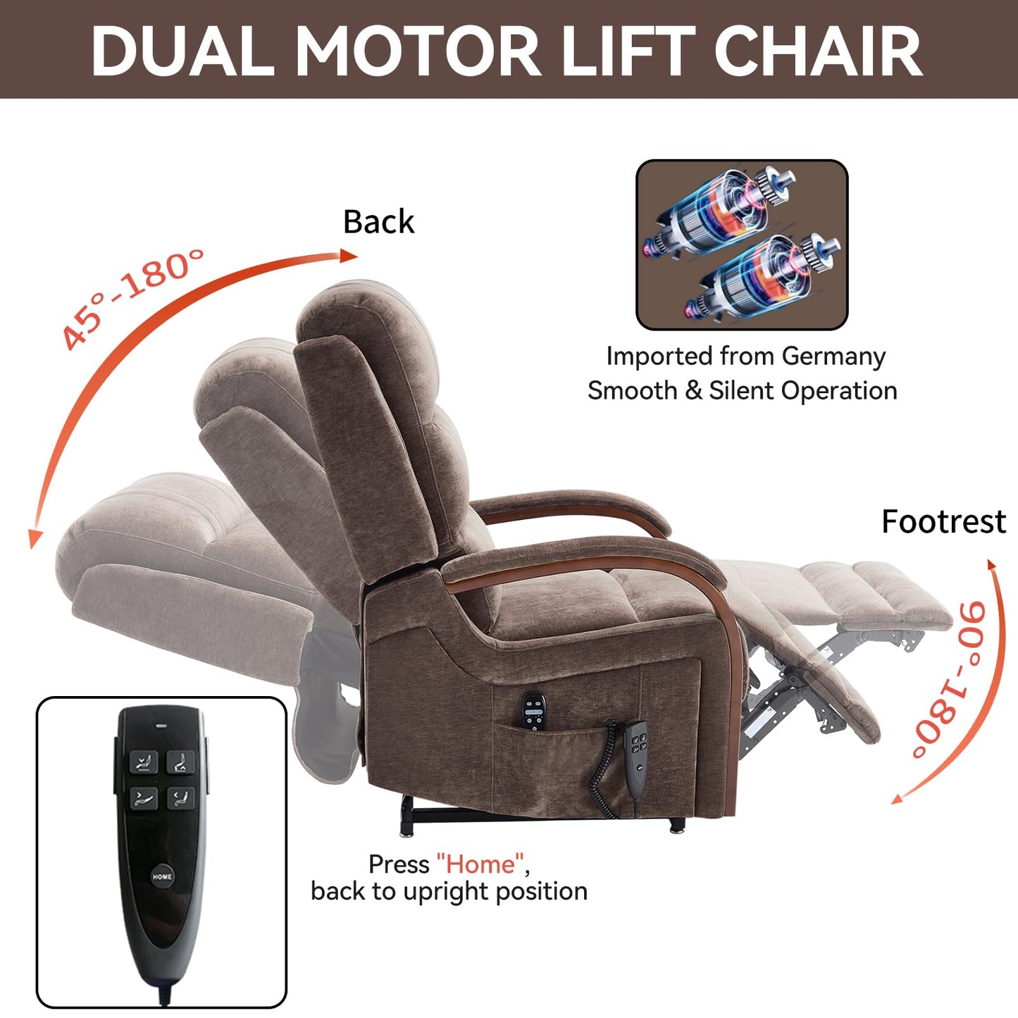 KEIKI Chenille Electric Power Lift Recliner Chair with Heat Massage, Solid Wood Armrests & Timer Function, Elderly Lazy Boy Sofa Seating for Home Theater, Infinite Position, Dual Motor, Up to 350 LBS