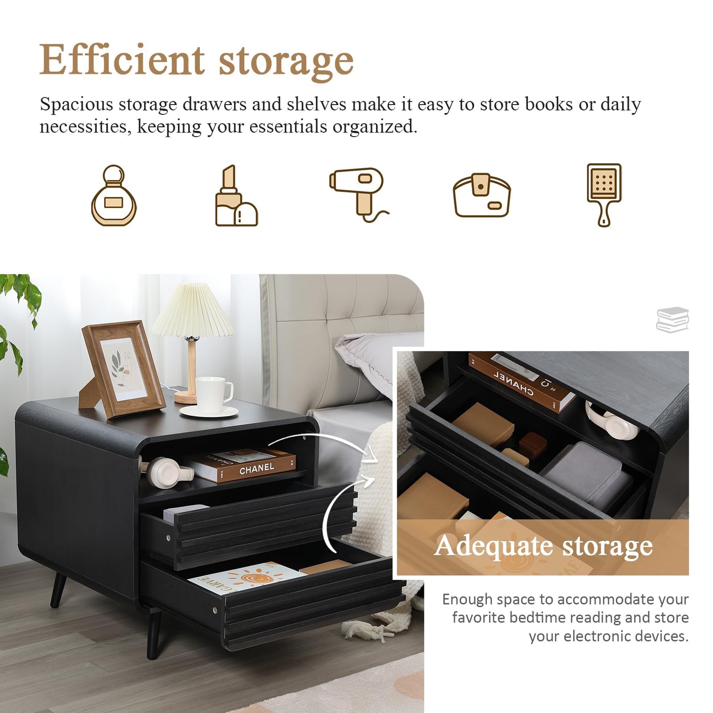 HtThalamic 24" Night Stands Set of 2, Modern Nightstand with Charging Station, Wood Fluted End Table with 2 Drawers, Black Bedside Cabinet for Bedroom
