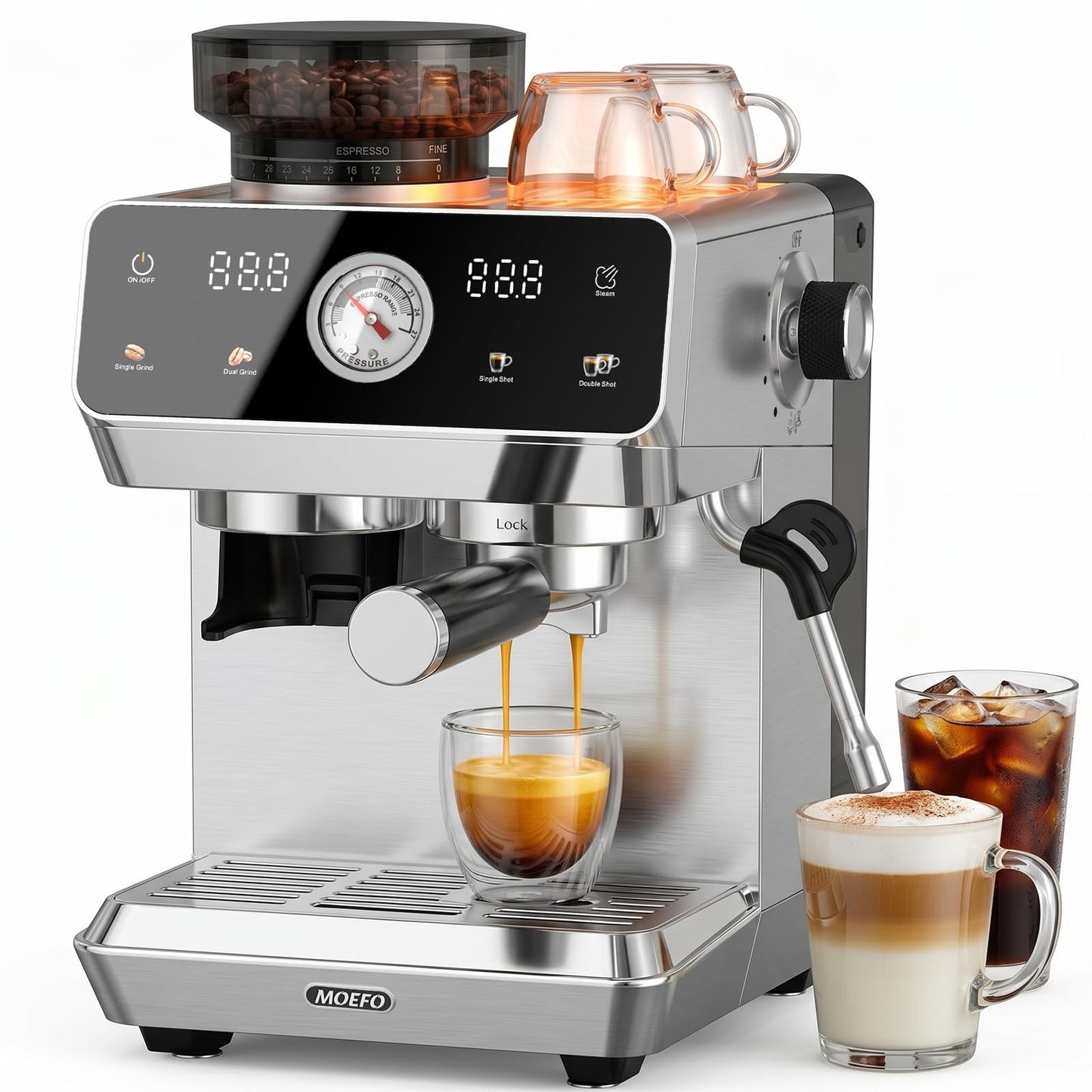 MOEFO Espresso Machine with Grinder, 20-Bar Programmable Semi-Automatic Coffee Maker, Visual Pressure Gauge & Touchscreen, Compact Design with 44-Grind Settings, Make Americano, Latte, Silver