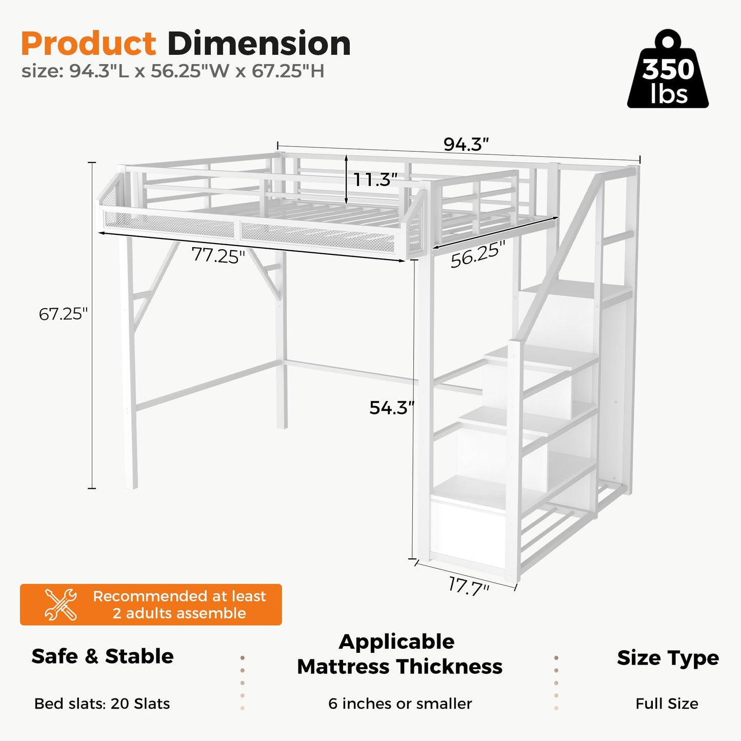 IZLKQC Full Size Loft Bed with Built-in Storage Stairs, Wardrobe, Metal High Loft Bed Frame with Sided Guardrail, Solid Slats, Space Saving Loft Bunk Bed Frame with Wardrobe for Kids Teens, White