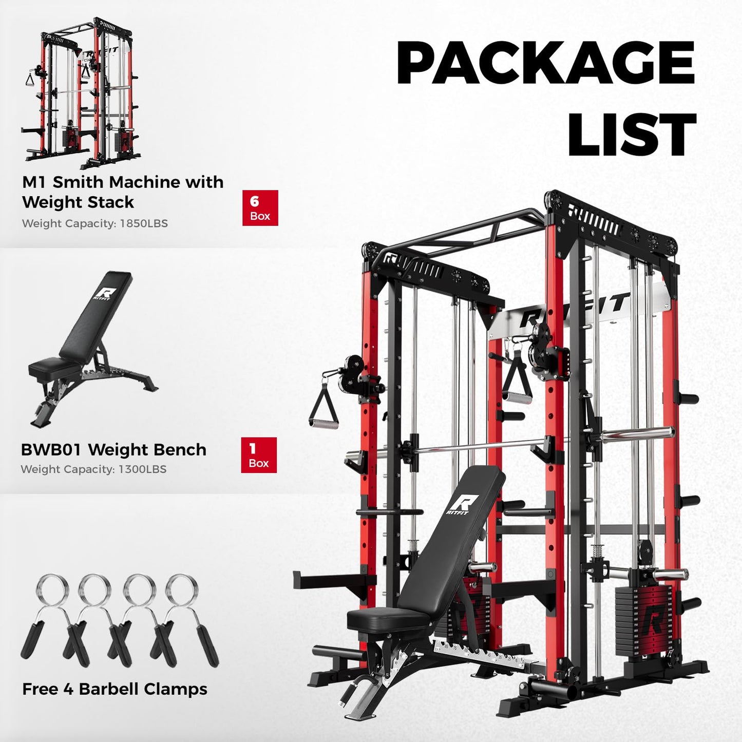 RitFit M1 Pro Smith Machine Package, All-in-One Power Cage with Weight Stack Set, Includes LAT Pulldown & Cable Crossover System for Home Gym