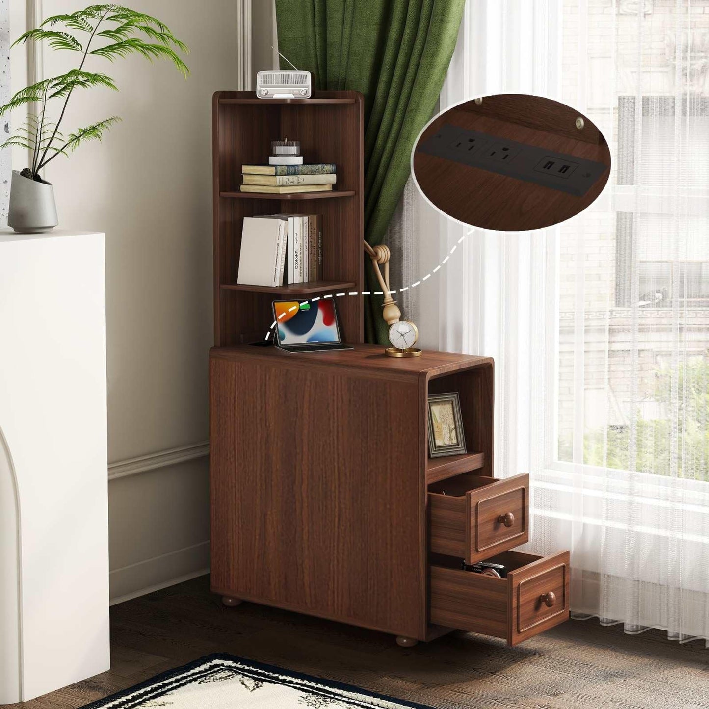 FRITHJILL Narrow End Table, Corner Bookshelf for Living Room, Nightstand with Charging Station and 3-Tier Display Shelf, 2 Drawers Storage Cabinet, Space Saving Side Table