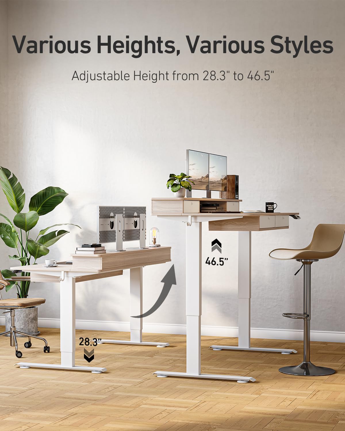CubiCubi 55" x 30" Standing Desk with Drawers, Height Adjustable Electric Workstation, Computer Sit Stand Up Table with Large Storage Shelf 4 Drawers and 2 Hooks, Light Rustic Brown