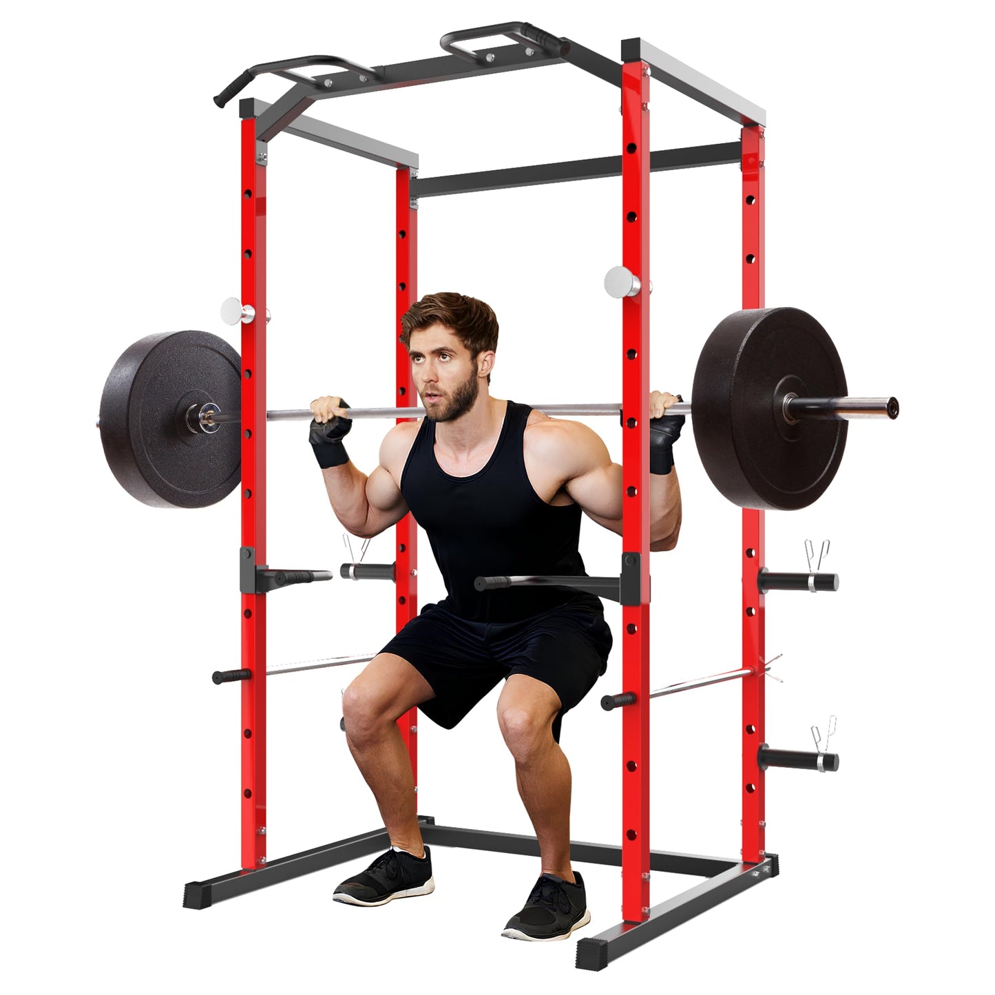 GarveeLife Power Cage Squat Rack for Home Gym, 1100 LB Capacity Power Rack with Pull-Up Bar, Dip Bars, & Adjustable Safety Bars, Strength Training for Home Gym, Red