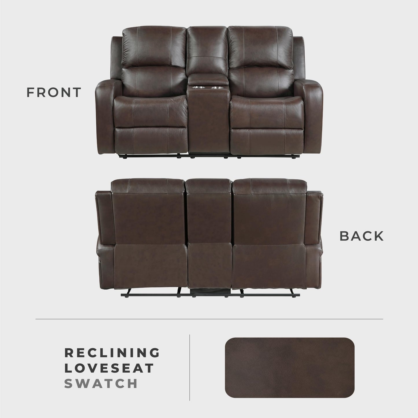 Lexicon Manual Double Reclining Loveseat with Center Console, Top Grain Leather Match Wall Hugger Recliner Loveseat, Storage, Cup Holders, High Density Foam Over Pocket Coils, for Living Room, Brown
