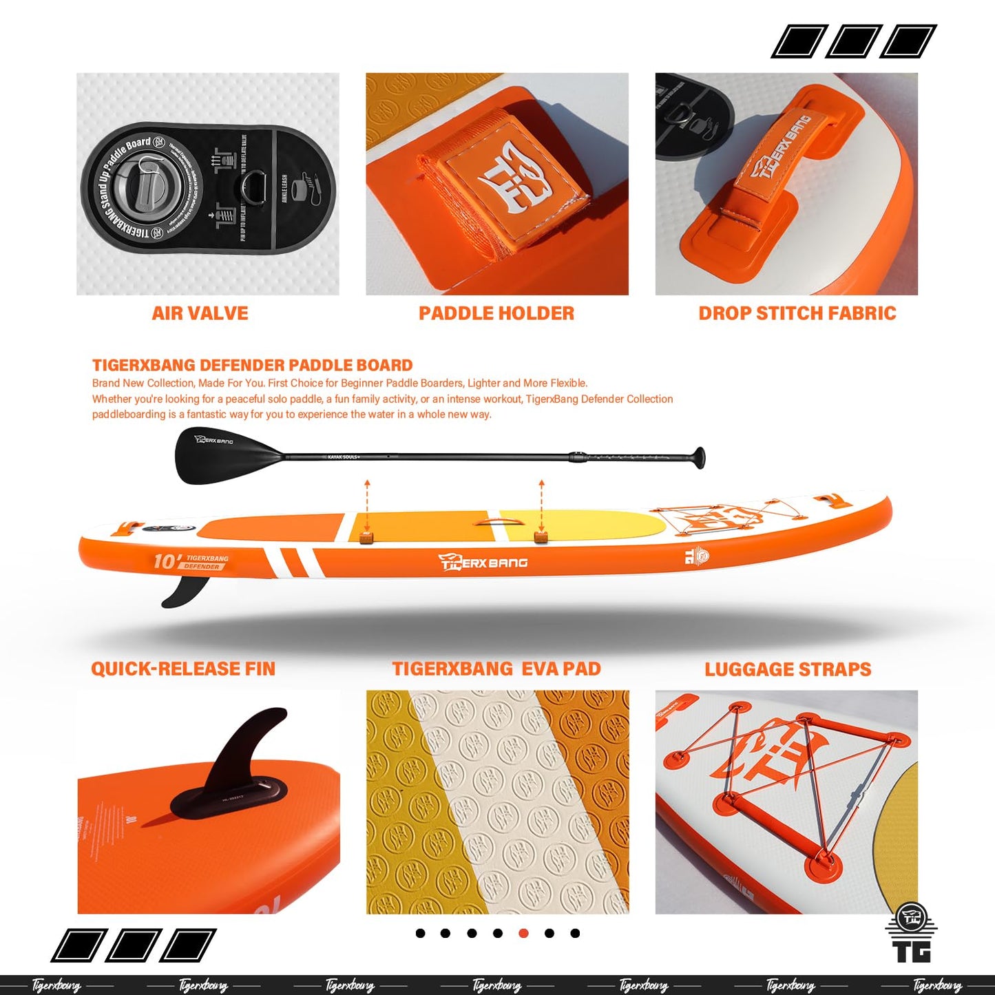 TIGERXBANG Inflatable Stand Up Paddle Boards with Premium SUP Board Accessories, Allround Paddle Boards for Adults/Youth,Defender Collection Orange